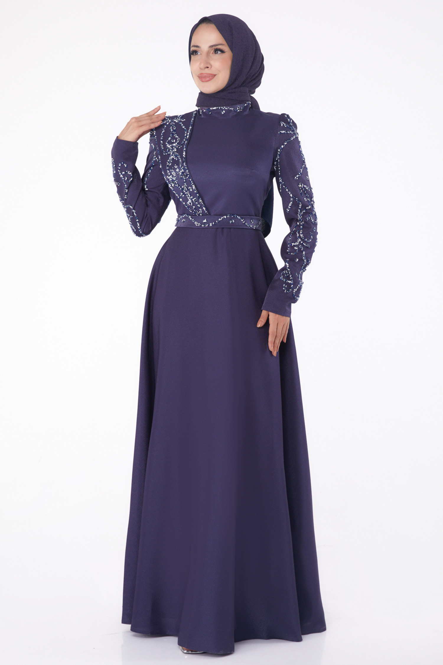 Taşlı Abiye Elbise Lacivert - 26197 - 1