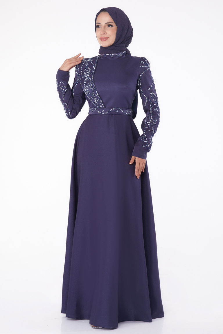 Taşlı Abiye Elbise Lacivert - 26197 - TOFİSA