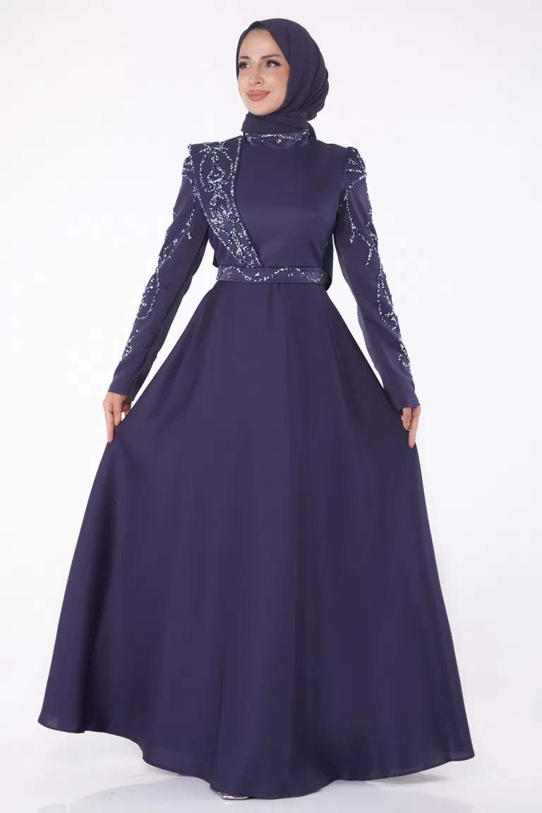 Taşlı Abiye Elbise Lacivert - 26197 - TOFİSA