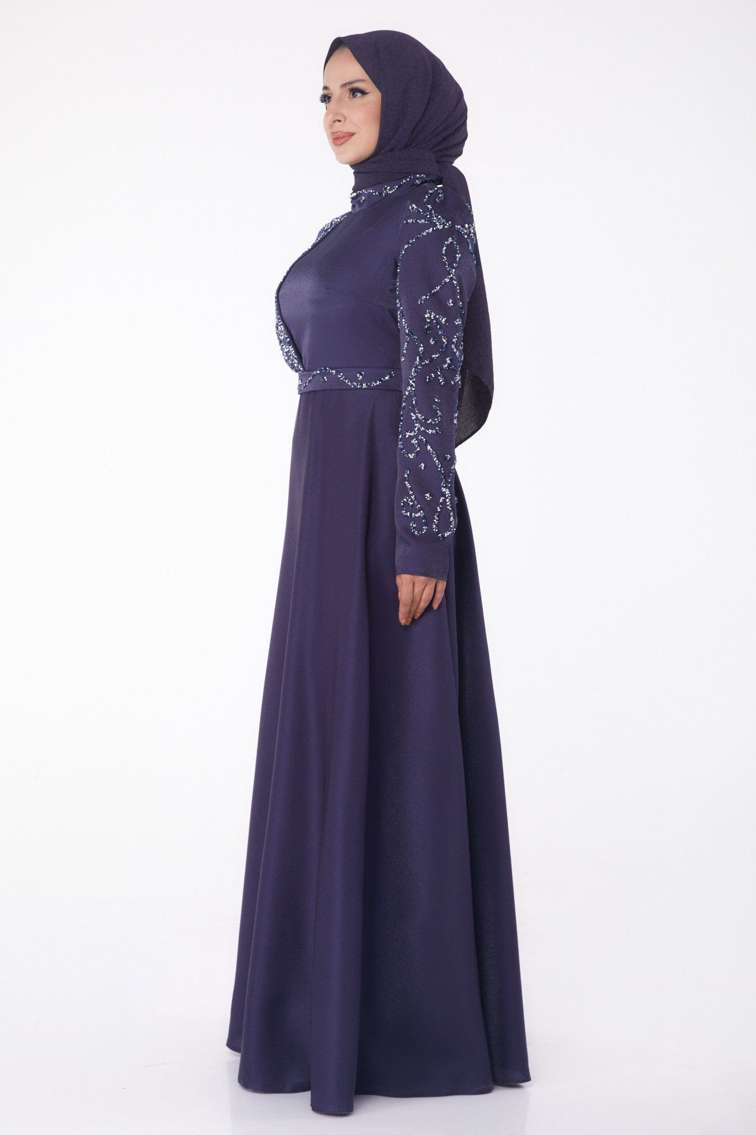 Taşlı Abiye Elbise Lacivert - 26197 - 4