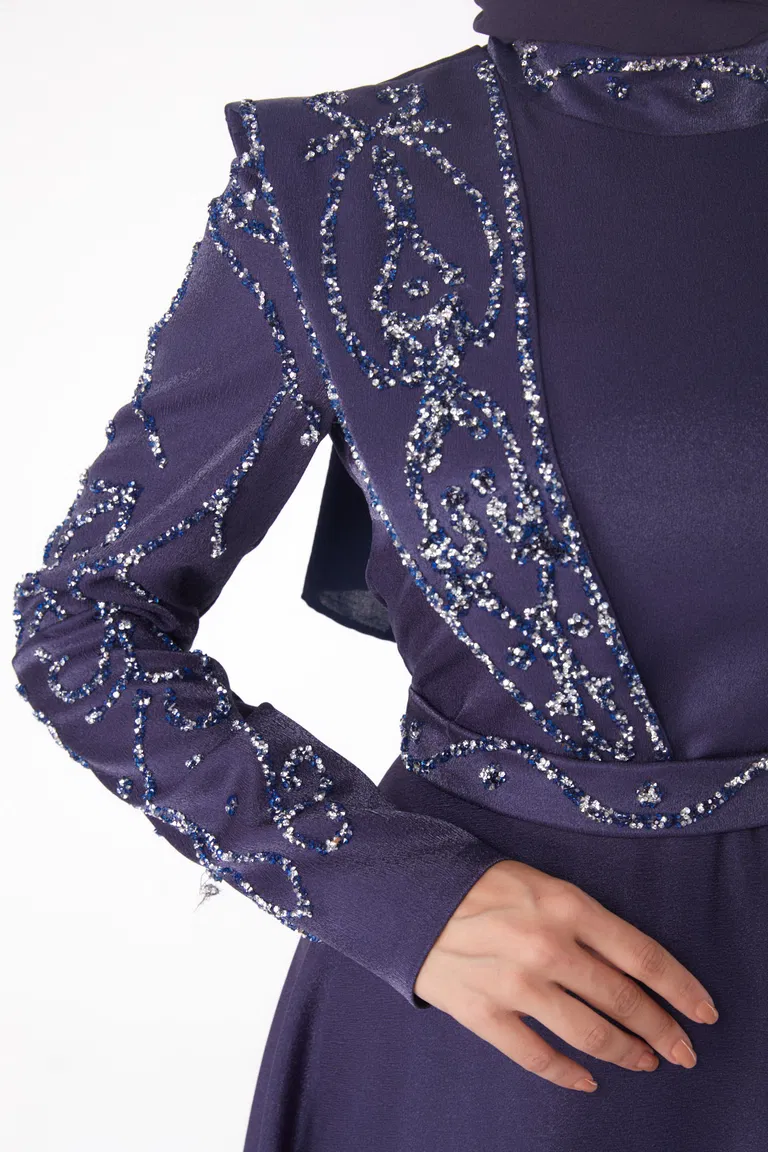 Taşlı Abiye Elbise Lacivert - 26197 - TOFİSA