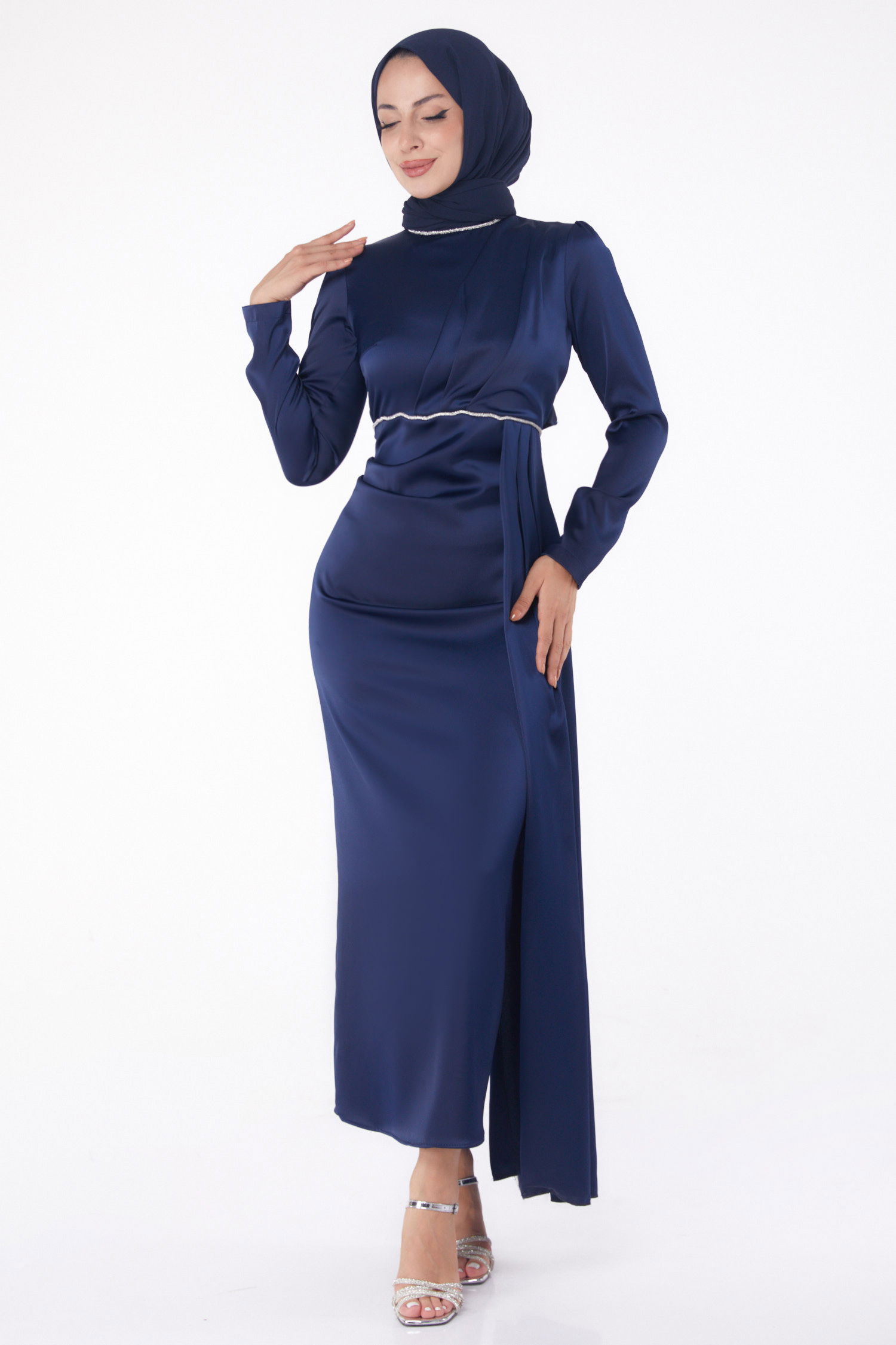 Taşlı Abiye Elbise Lacivert - 26206 - 2