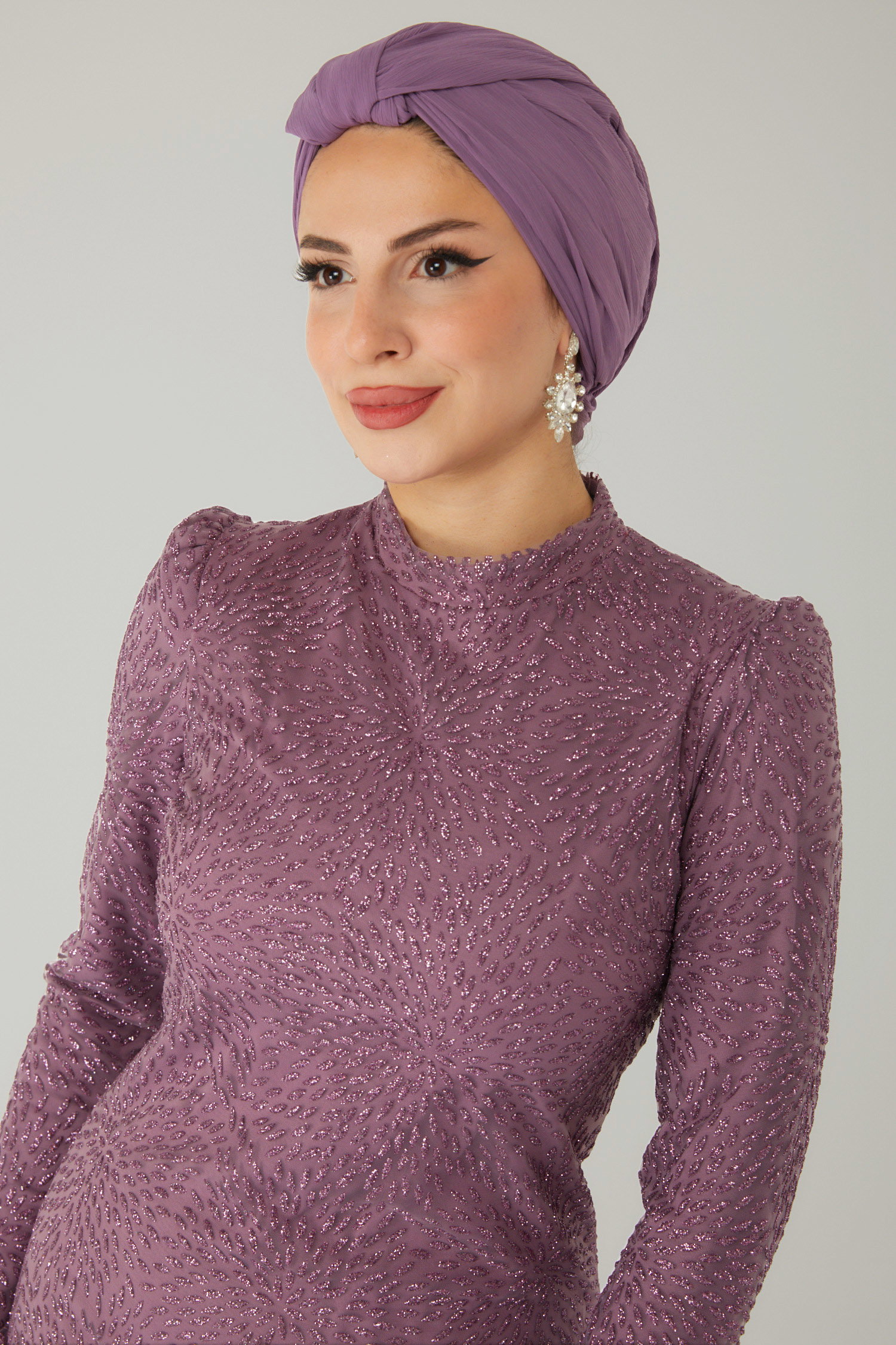 Düz Hakim Yaka Kadın Lila Işıltılı Abiye Elbise - 26520 - 6