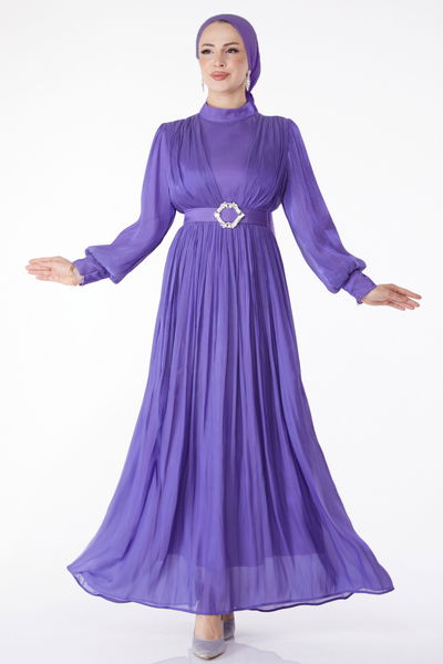 Pileli Abiye Elbise Lila - 25284 