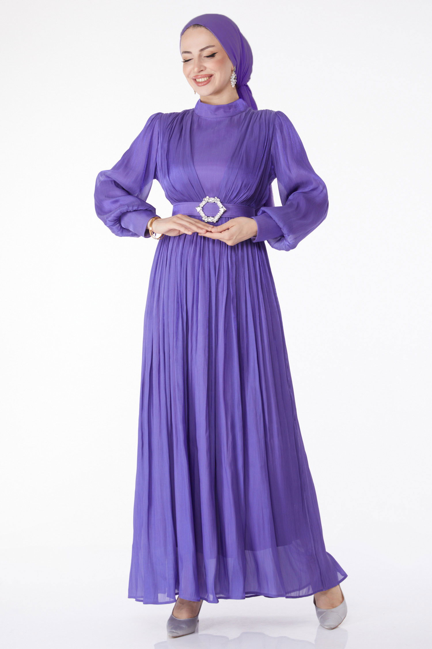 Pileli Abiye Elbise Lila - 25284 - 2