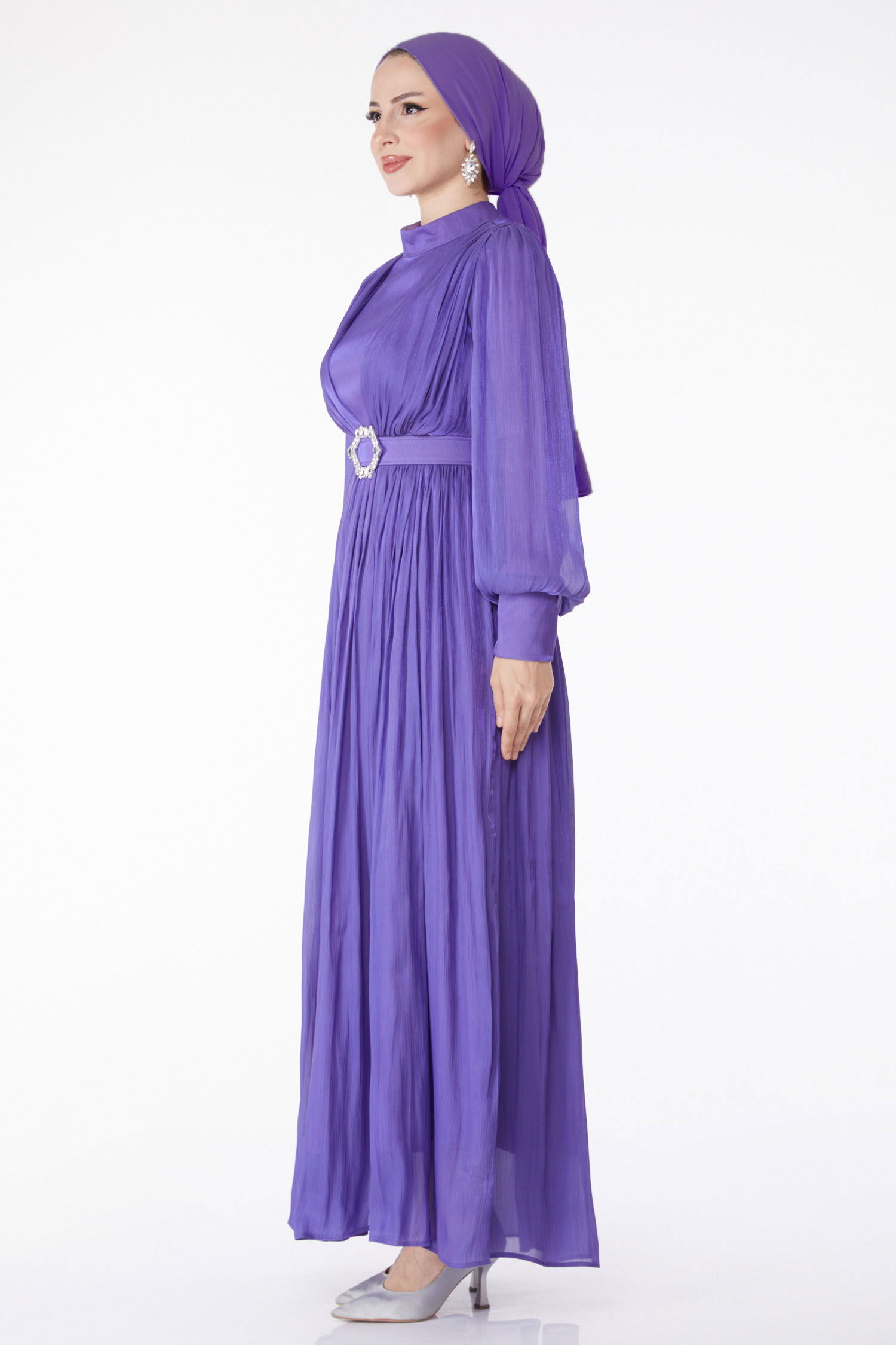 Pileli Abiye Elbise Lila - 25284 - 4