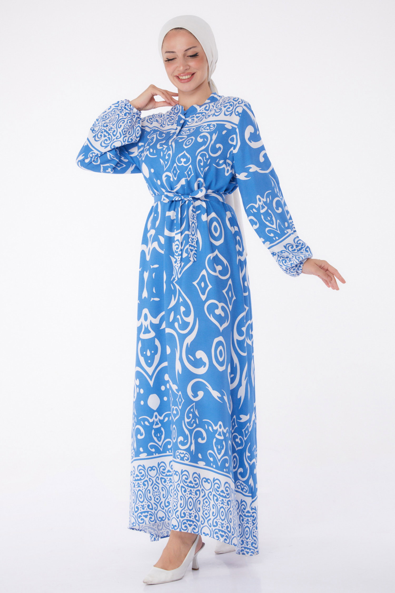 Desenli Kuşaklı Elbise Mavi - 26014 - 1