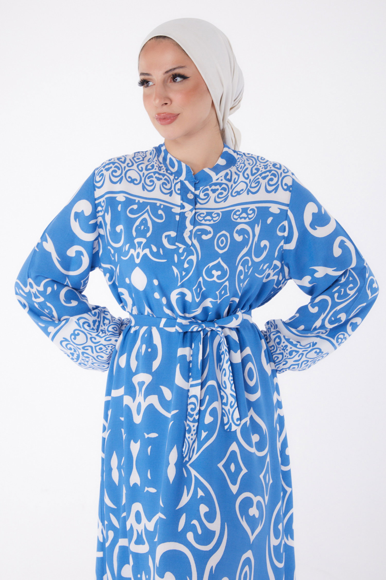Desenli Kuşaklı Elbise Mavi - 26014 - 2