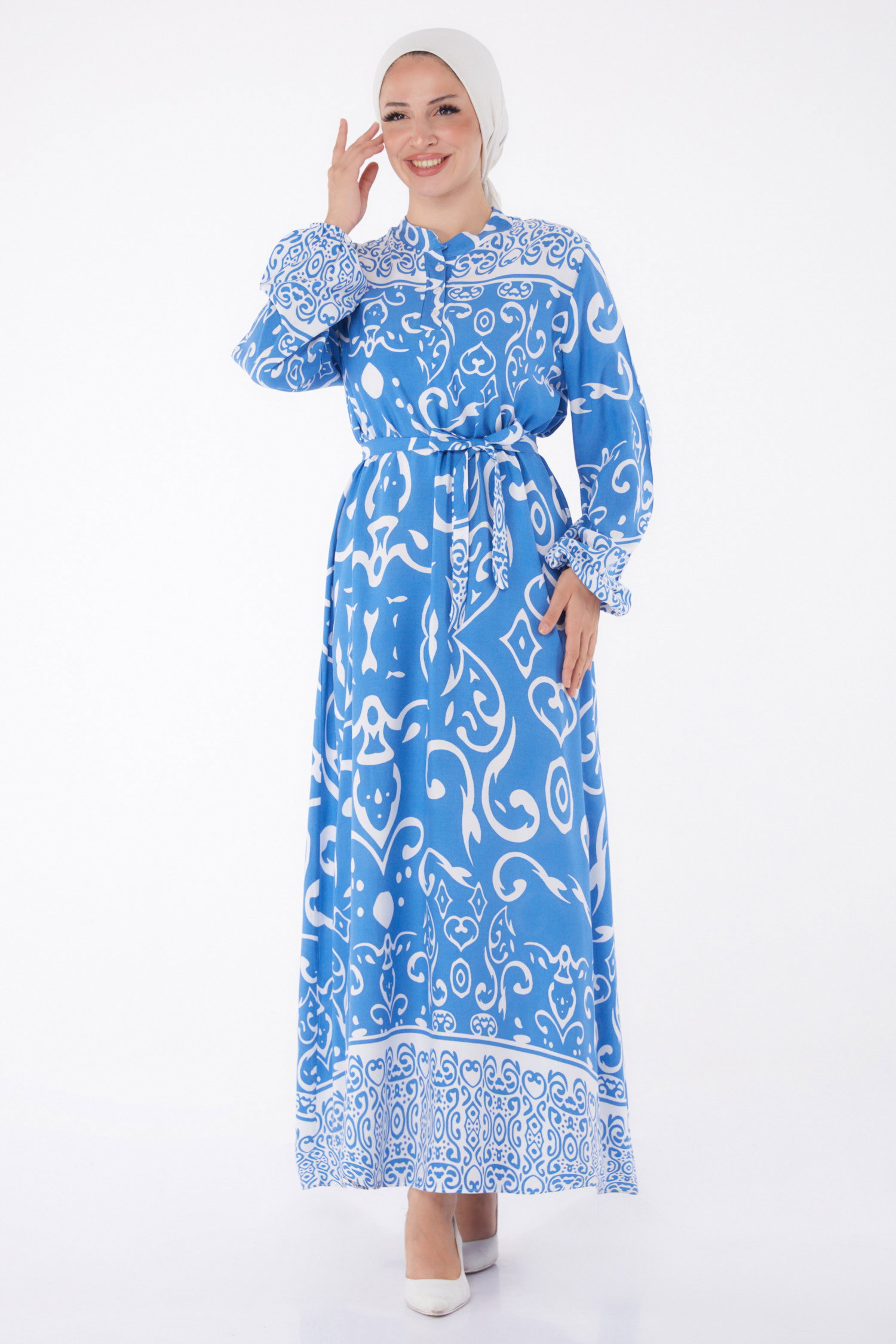 Desenli Kuşaklı Elbise Mavi - 26014 - 3
