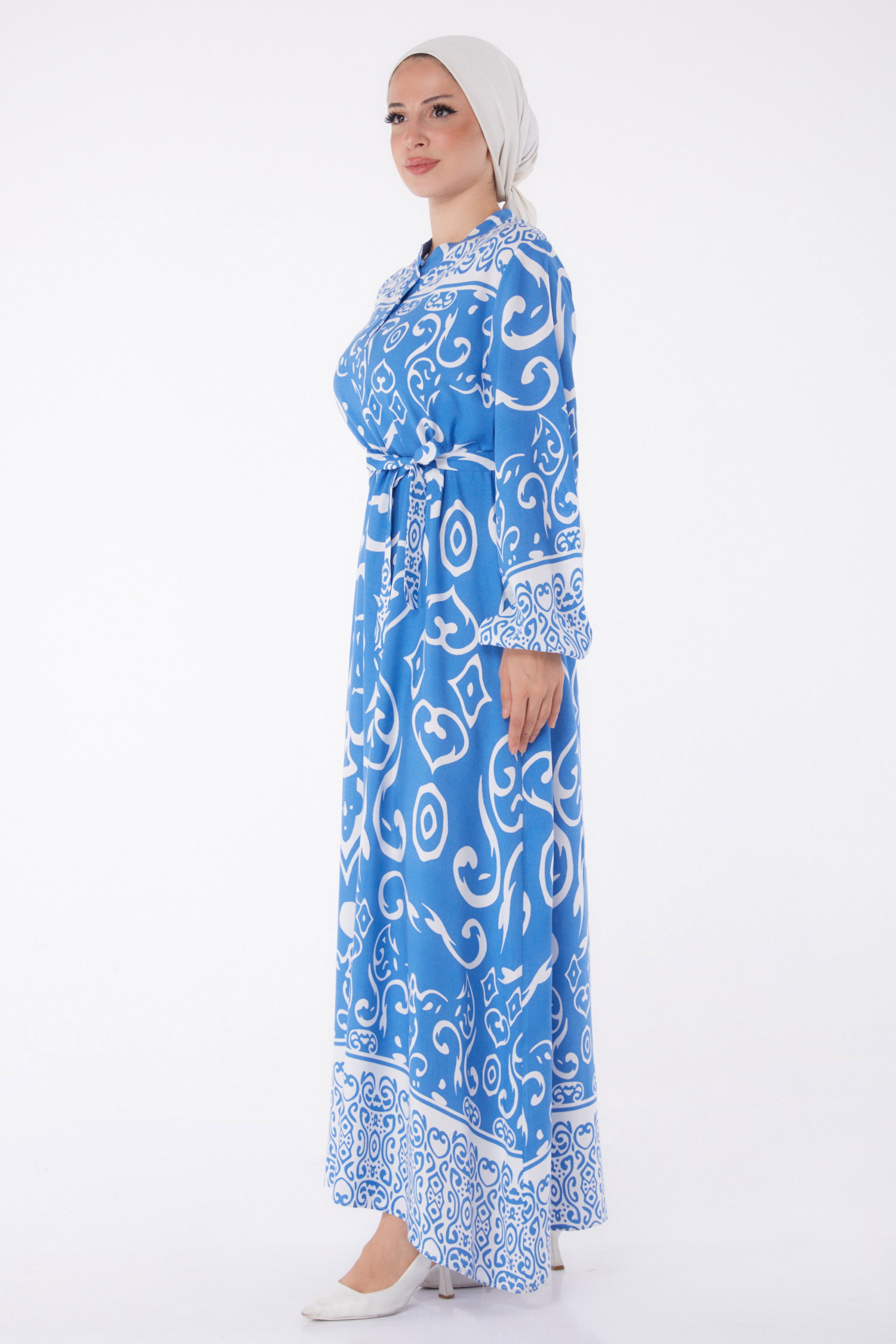 Desenli Kuşaklı Elbise Mavi - 26014 - 4
