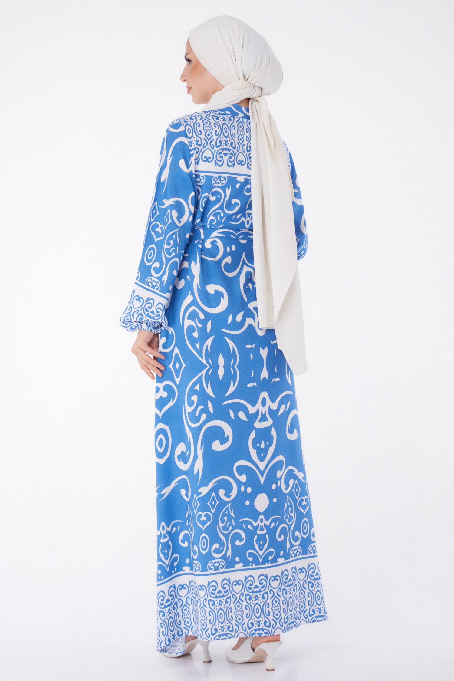 Desenli Kuşaklı Elbise Mavi - 26014 - 5