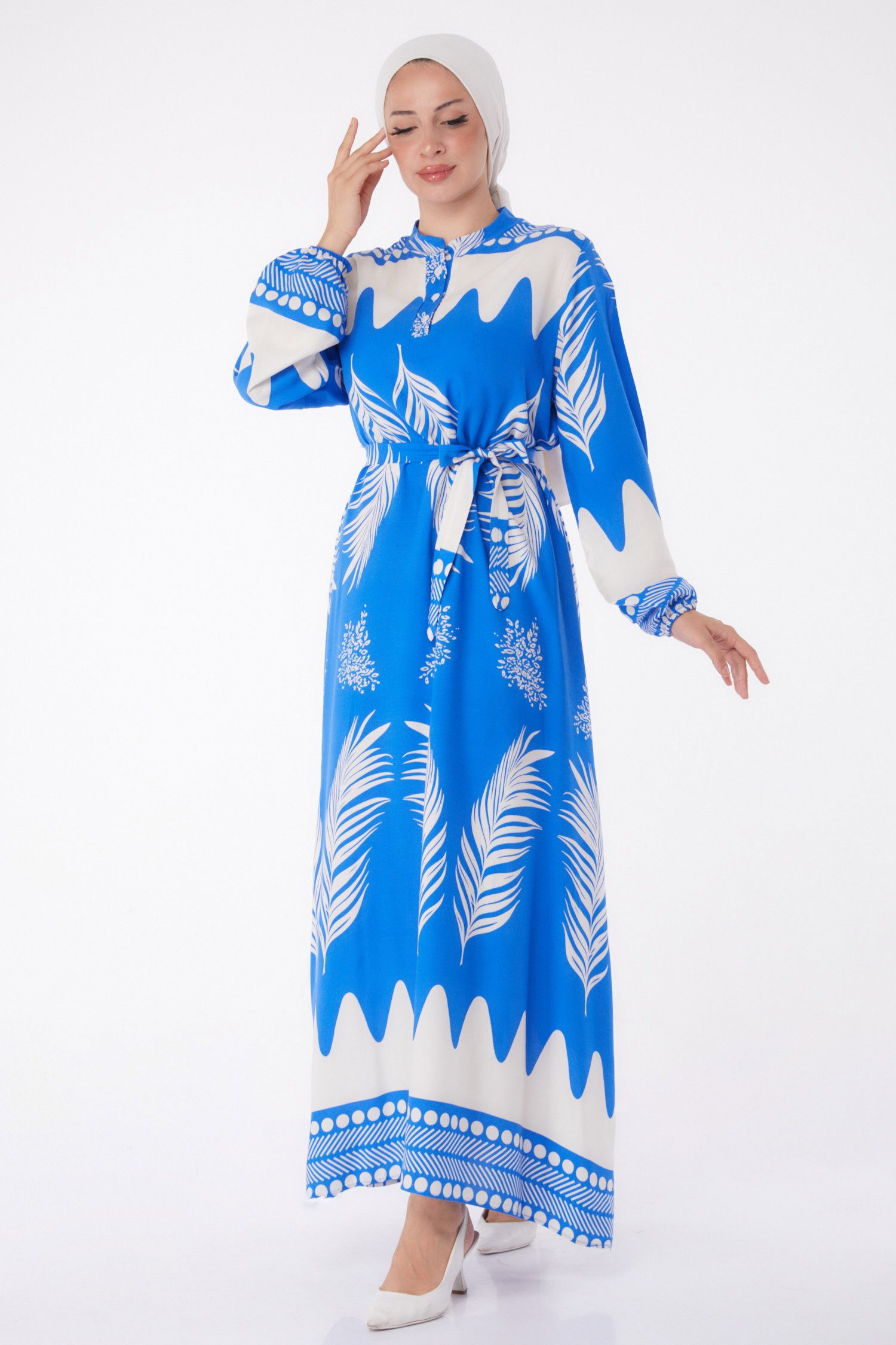 Desenli Kuşaklı Elbise Mavi - 26015 - 2