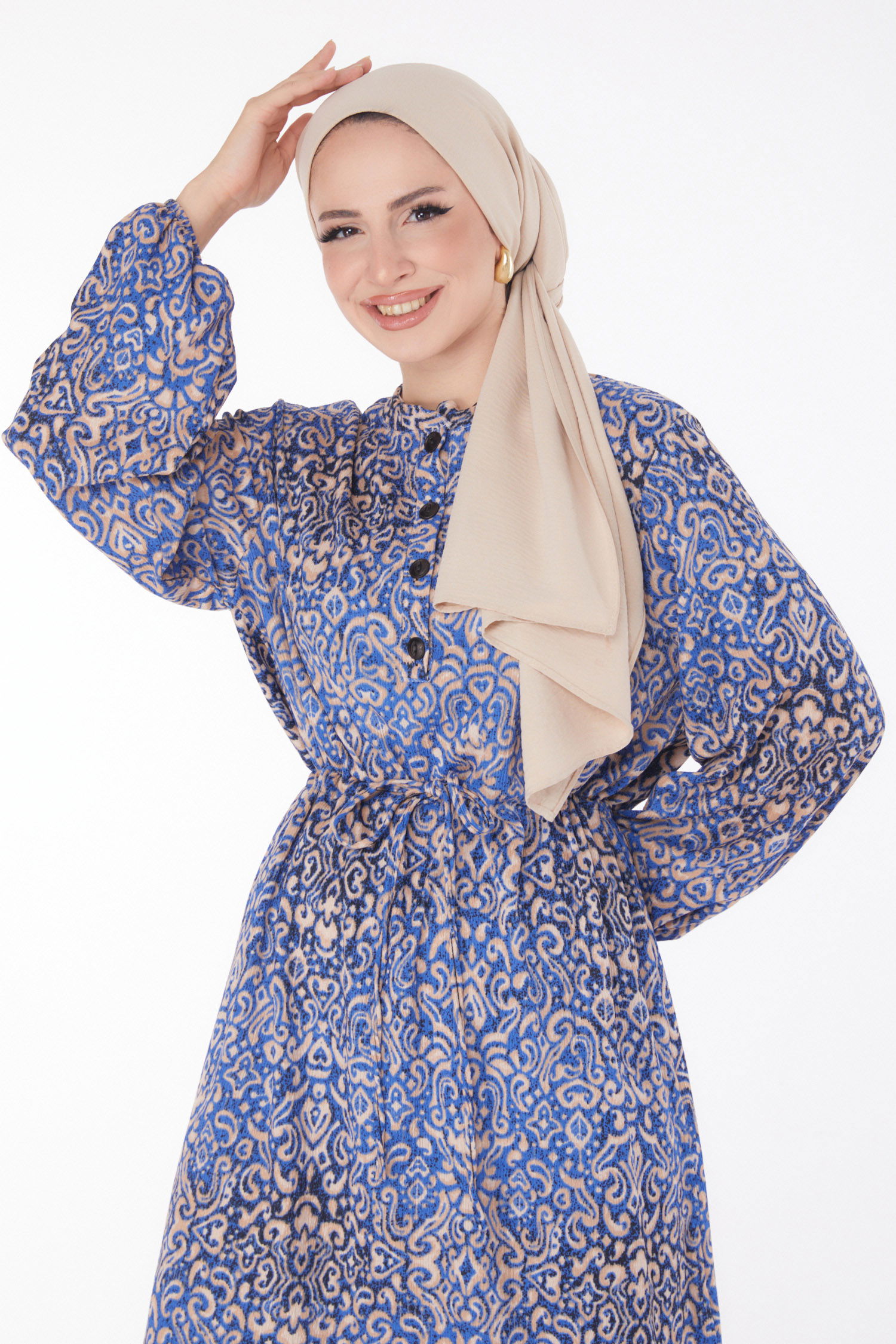 Düğmeli Desenli Elbise Mavi - 25713 - 1