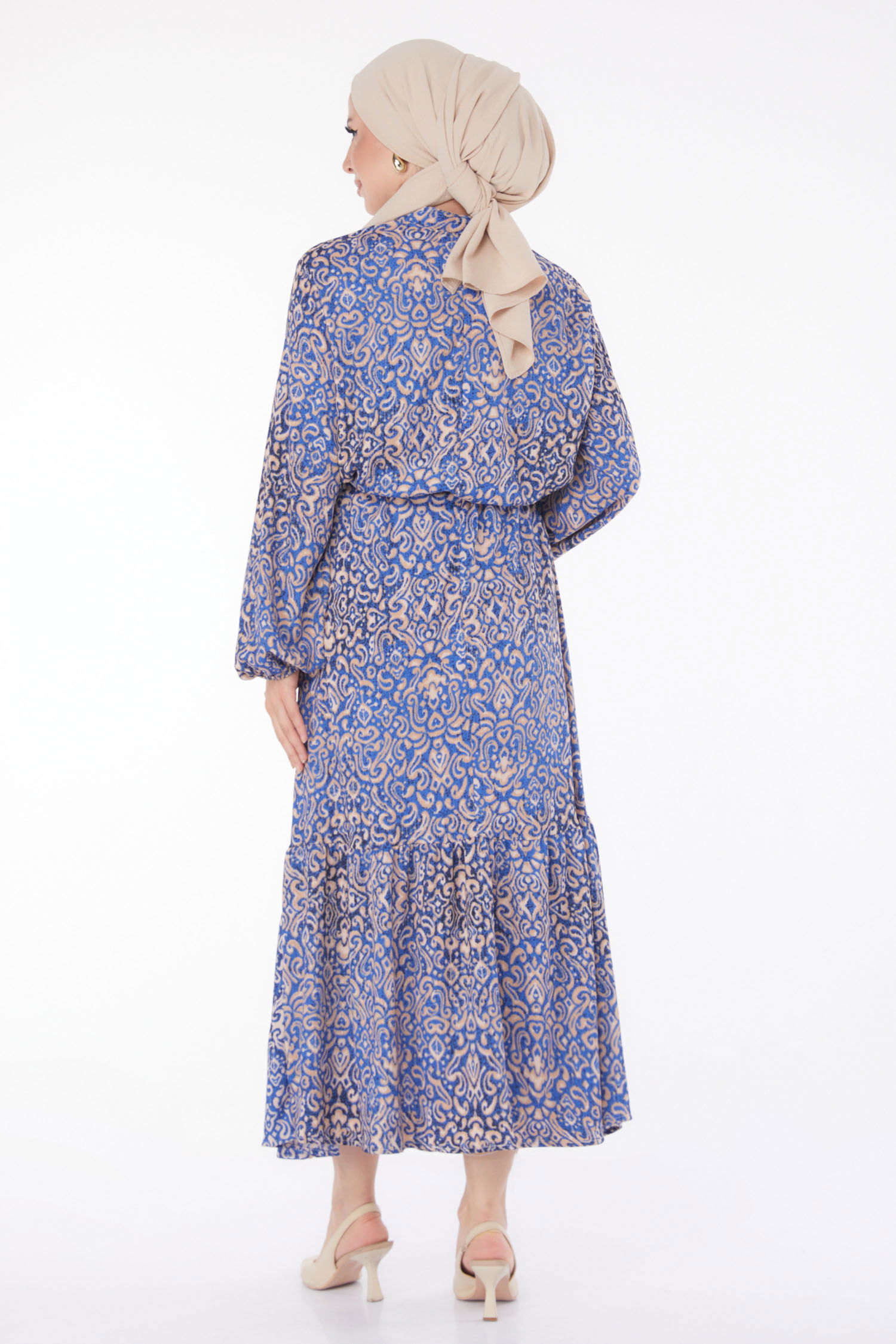 Düğmeli Desenli Elbise Mavi - 25713 - 5