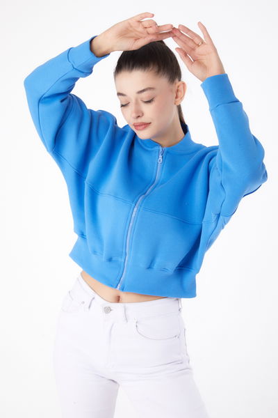 Düz Hakim Yaka Kadın Mavi Fermuarlı Crop Sweatshirt - 26274 