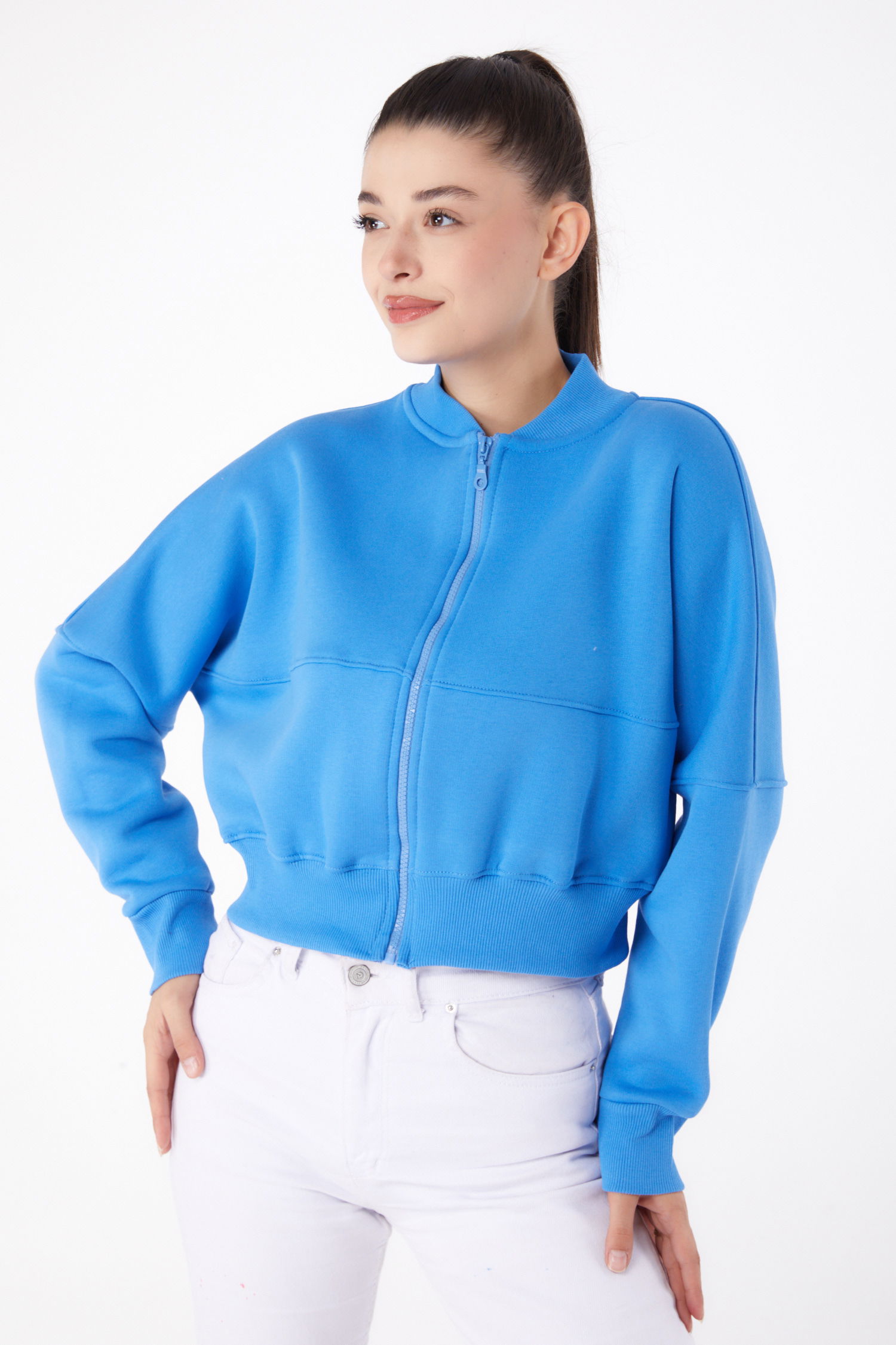 Düz Hakim Yaka Kadın Mavi Fermuarlı Crop Sweatshirt - 26274 - 3