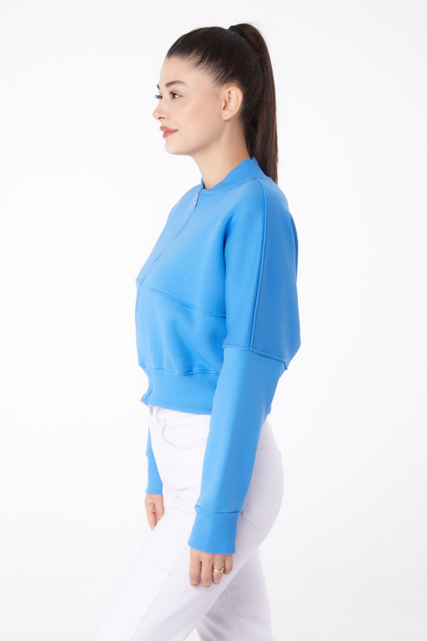 Düz Hakim Yaka Kadın Mavi Fermuarlı Crop Sweatshirt - 26274 - 4