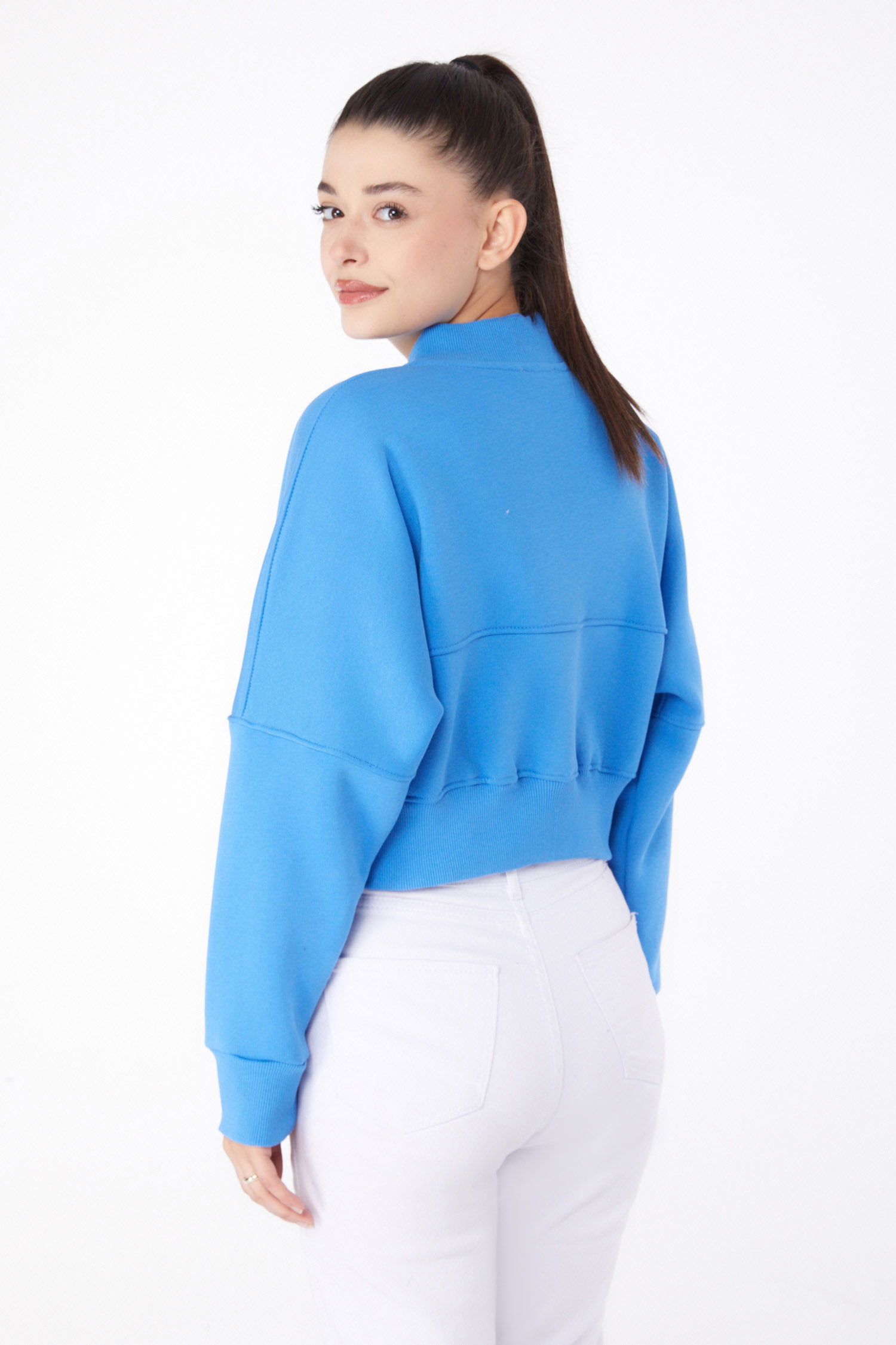 Düz Hakim Yaka Kadın Mavi Fermuarlı Crop Sweatshirt - 26274 - 5