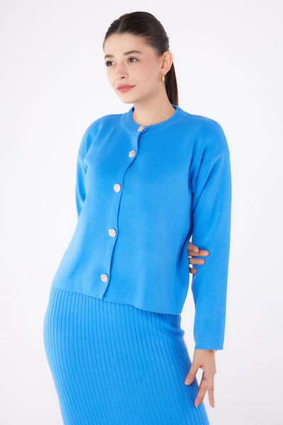 Triko Crop Elbise İkili Takım Mavi - 26425 