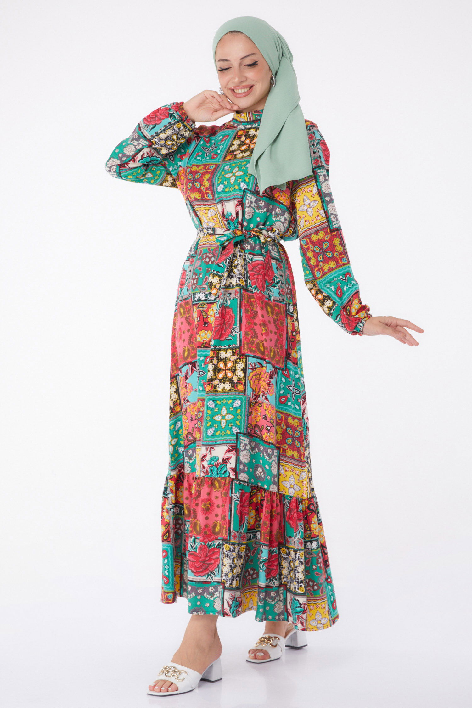 Desenli Kuşaklı Elbise Mint - 26022 - 1