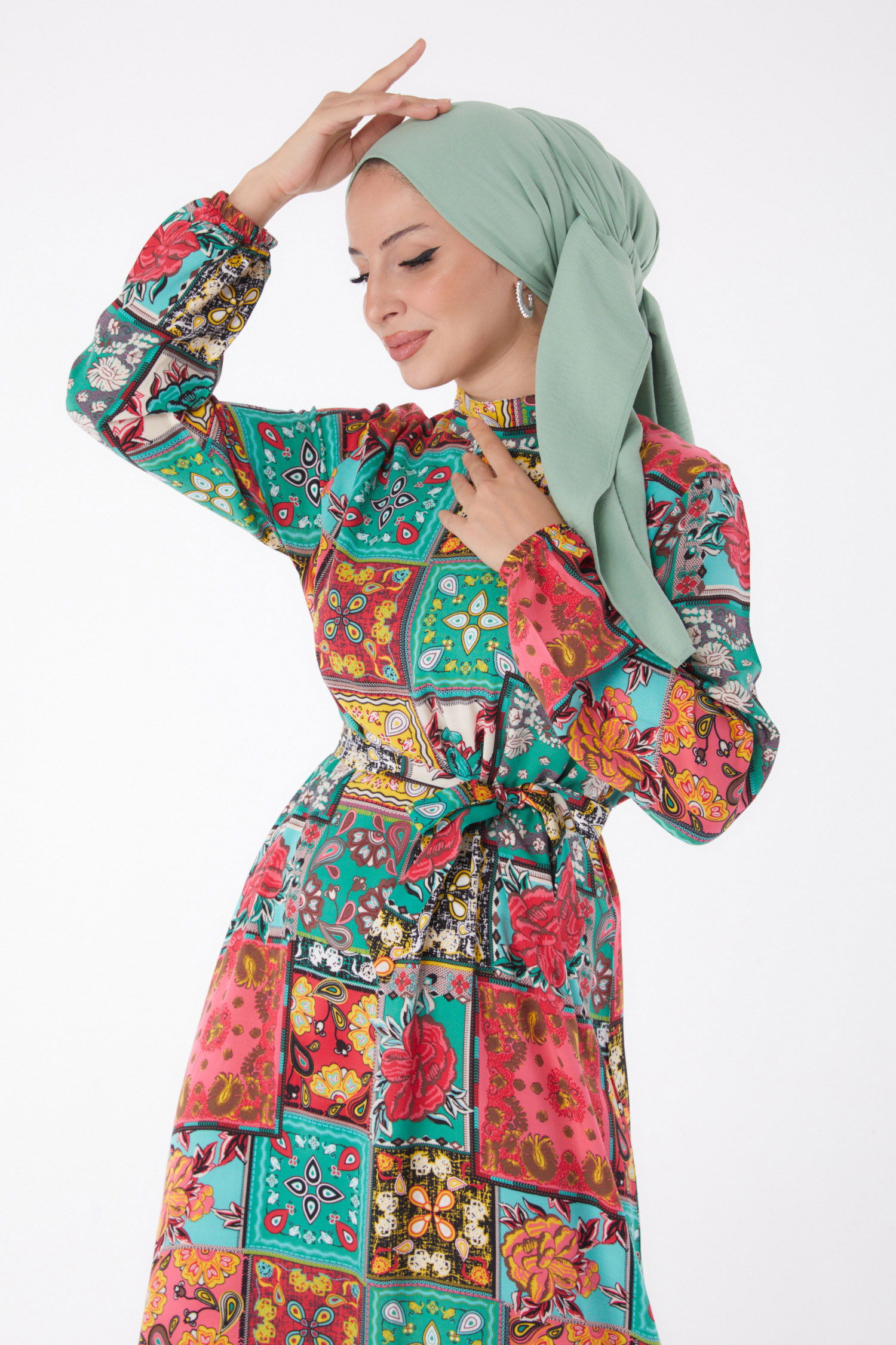 Desenli Kuşaklı Elbise Mint - 26022 - 2