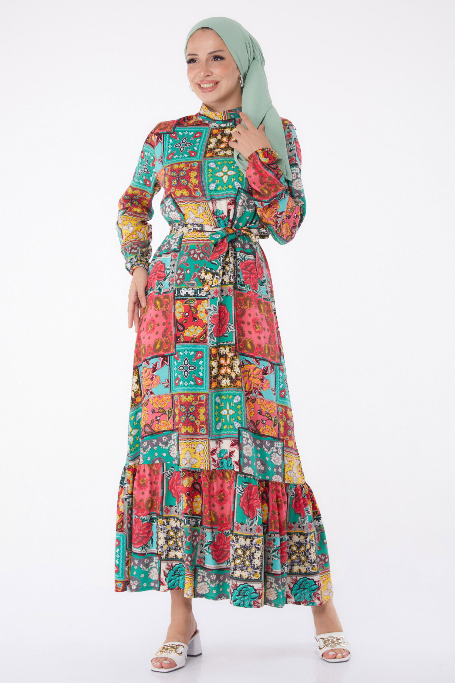 Desenli Kuşaklı Elbise Mint - 26022 - 3