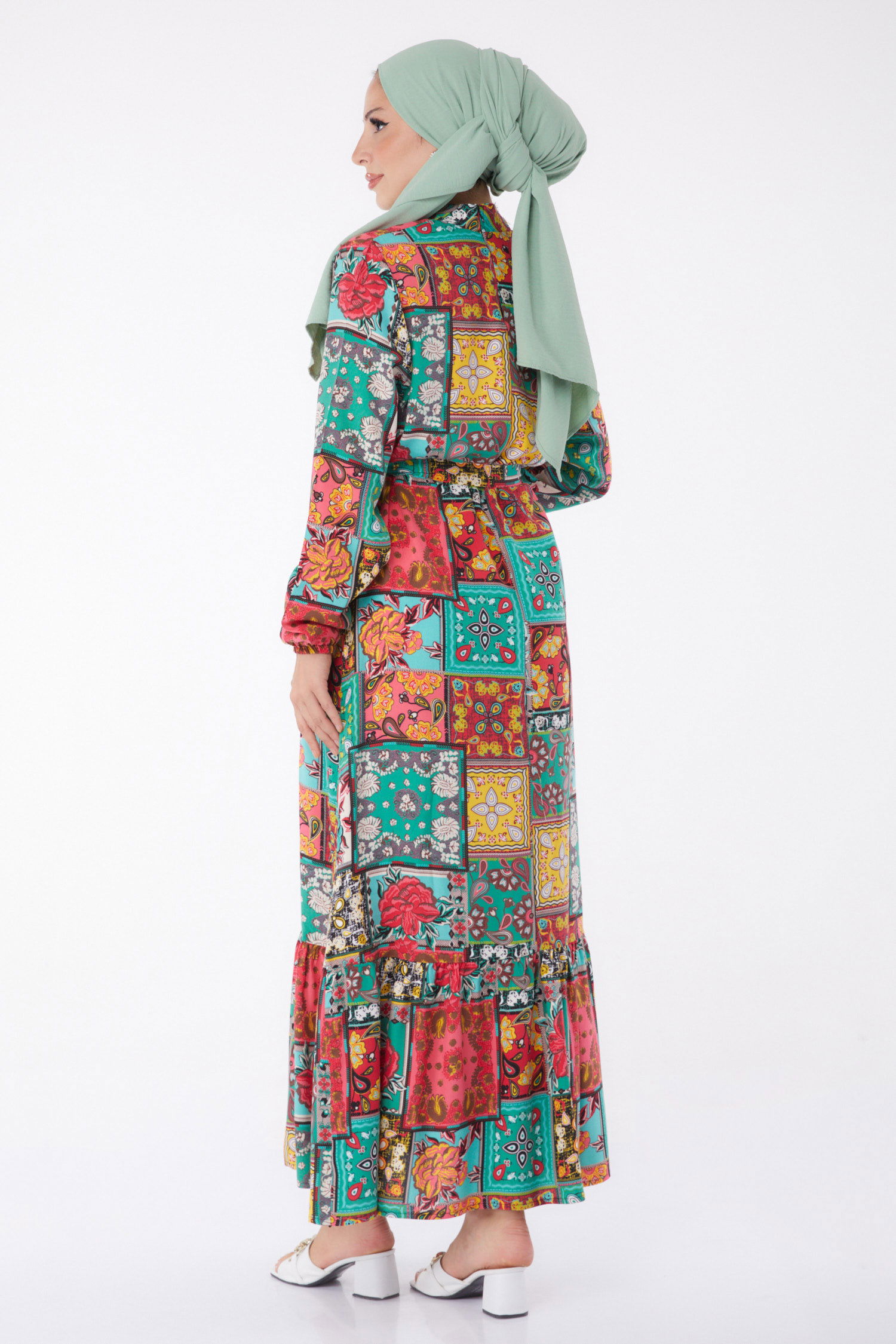 Desenli Kuşaklı Elbise Mint - 26022 - 5