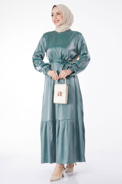 Parlak Kuşaklı Elbise Mint - 24993 