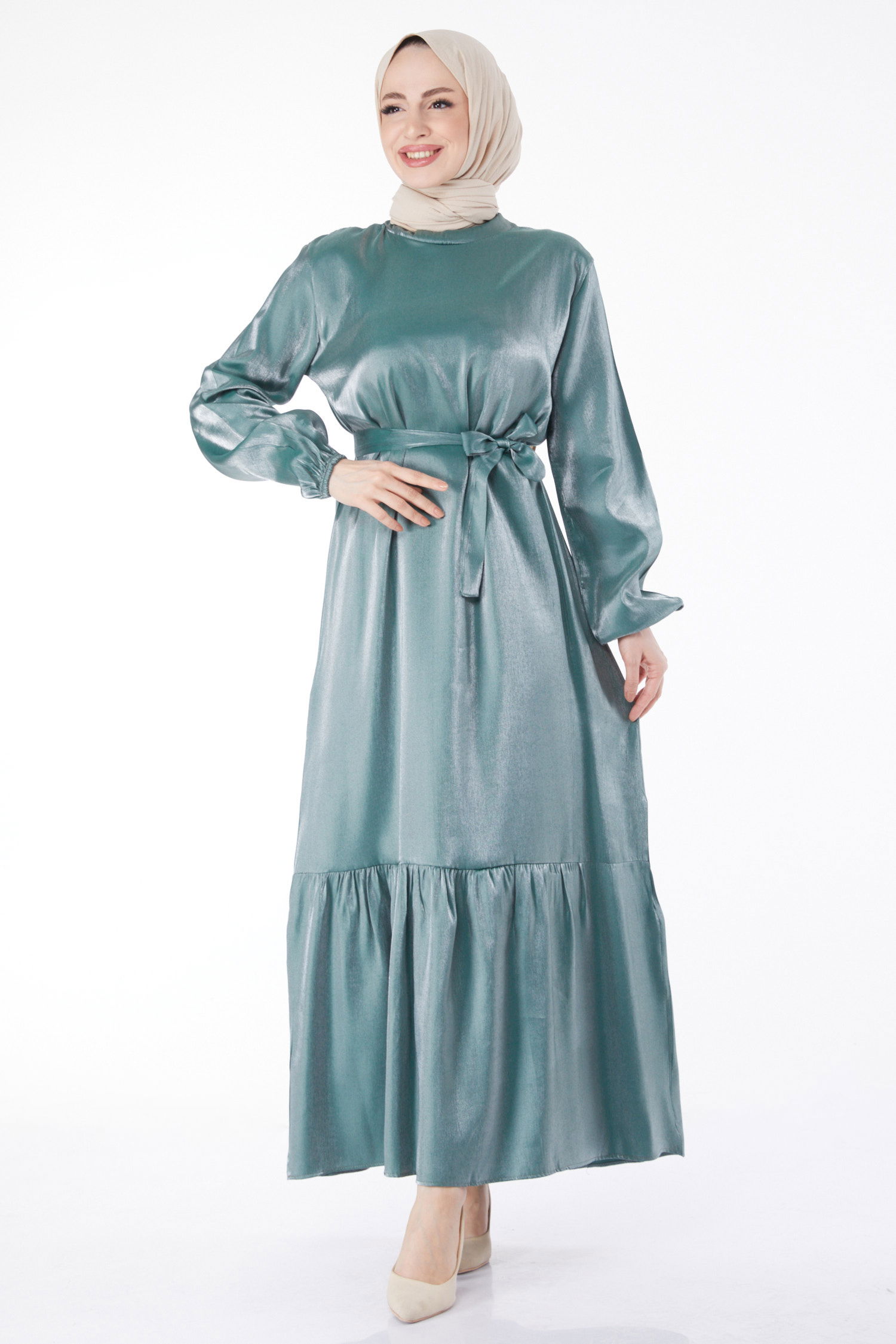 Parlak Kuşaklı Elbise Mint - 24993 - 2