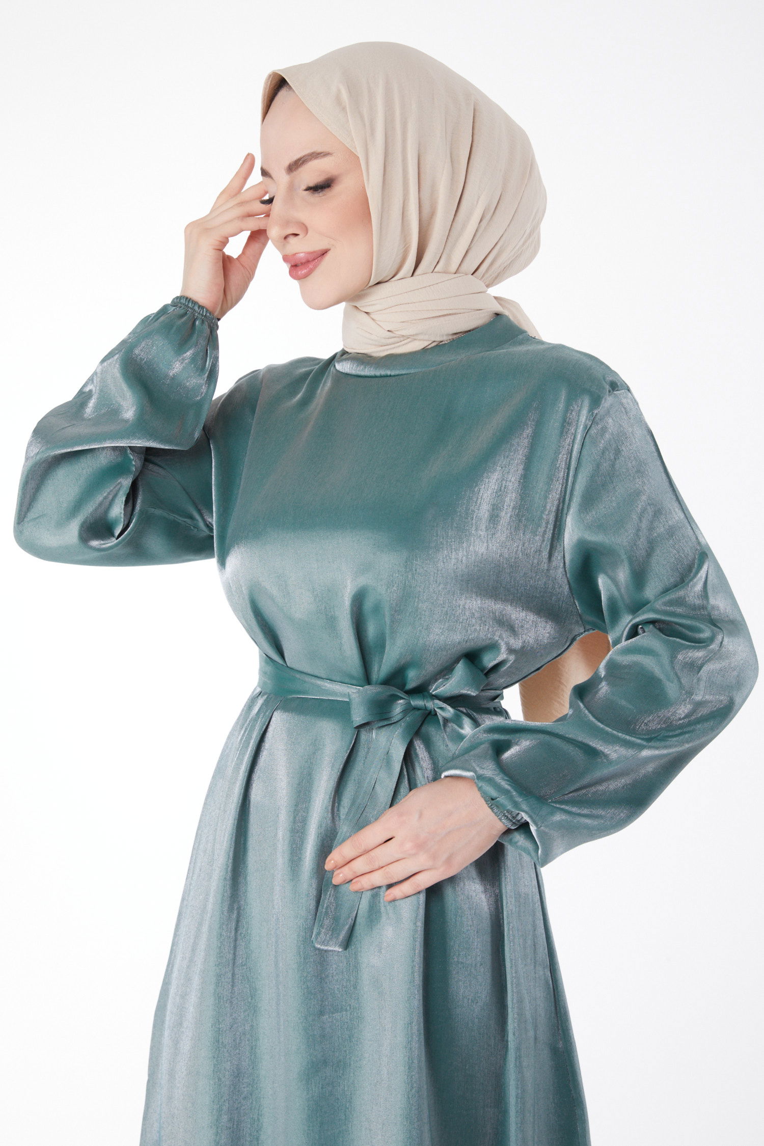 Parlak Kuşaklı Elbise Mint - 24993 - 3