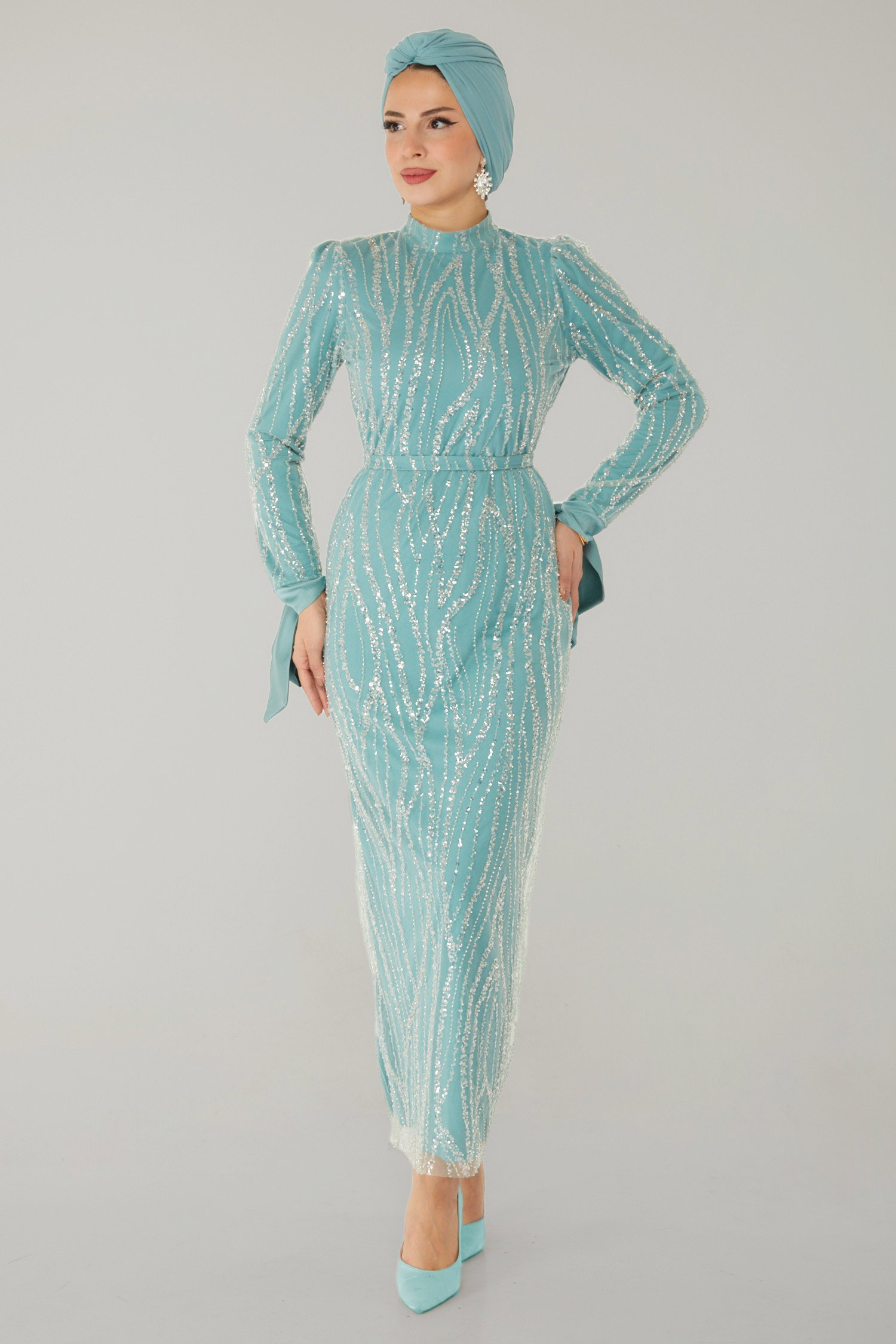 Taşlı Abiye Elbise Mint - 26534 - 1