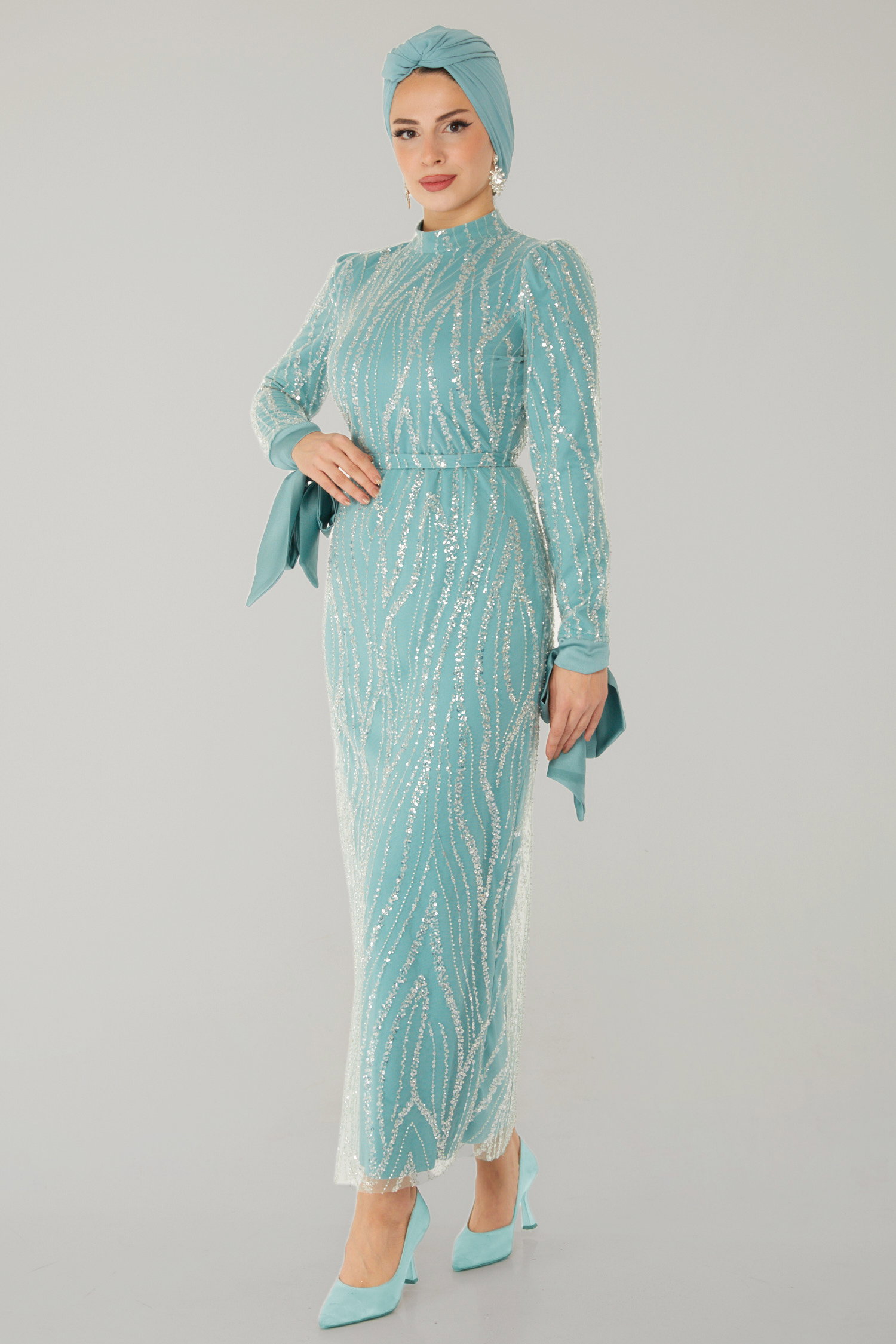 Taşlı Abiye Elbise Mint - 26534 - 4