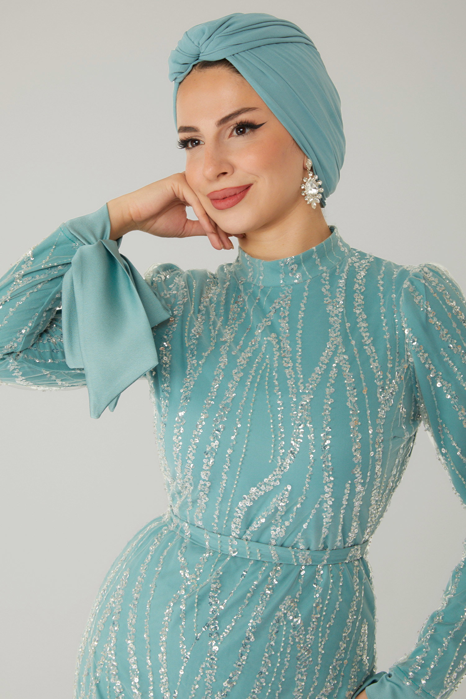 Taşlı Abiye Elbise Mint - 26534 - 5