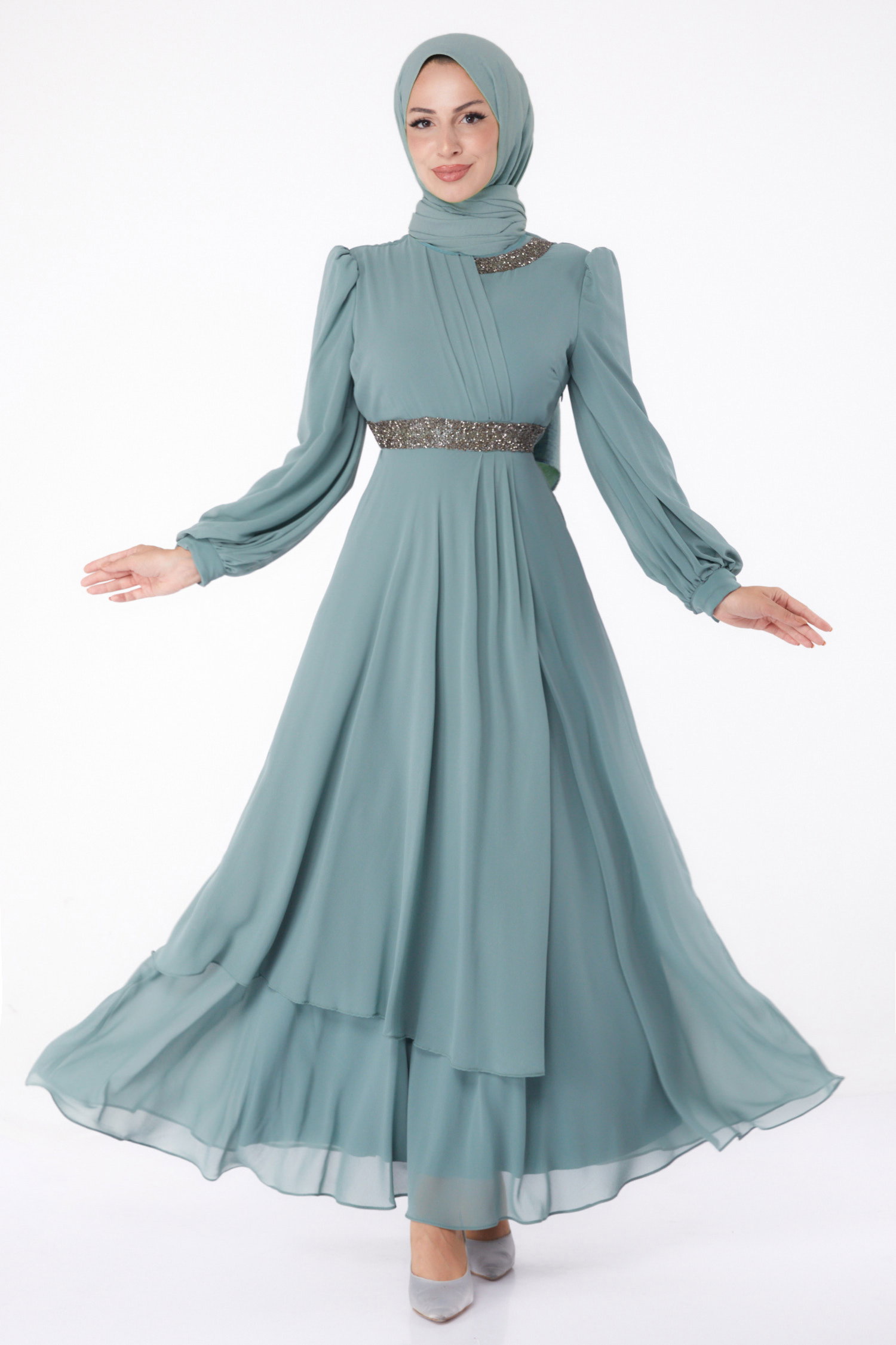 Taşlı Şifon Elbise Mint - 26255 - 1