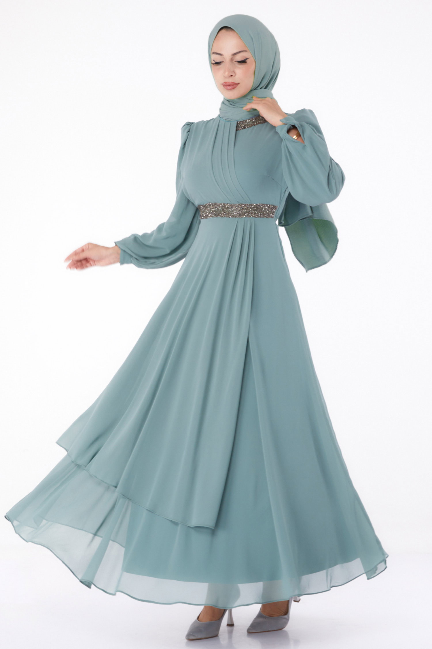 Taşlı Şifon Elbise Mint - 26255 - 2