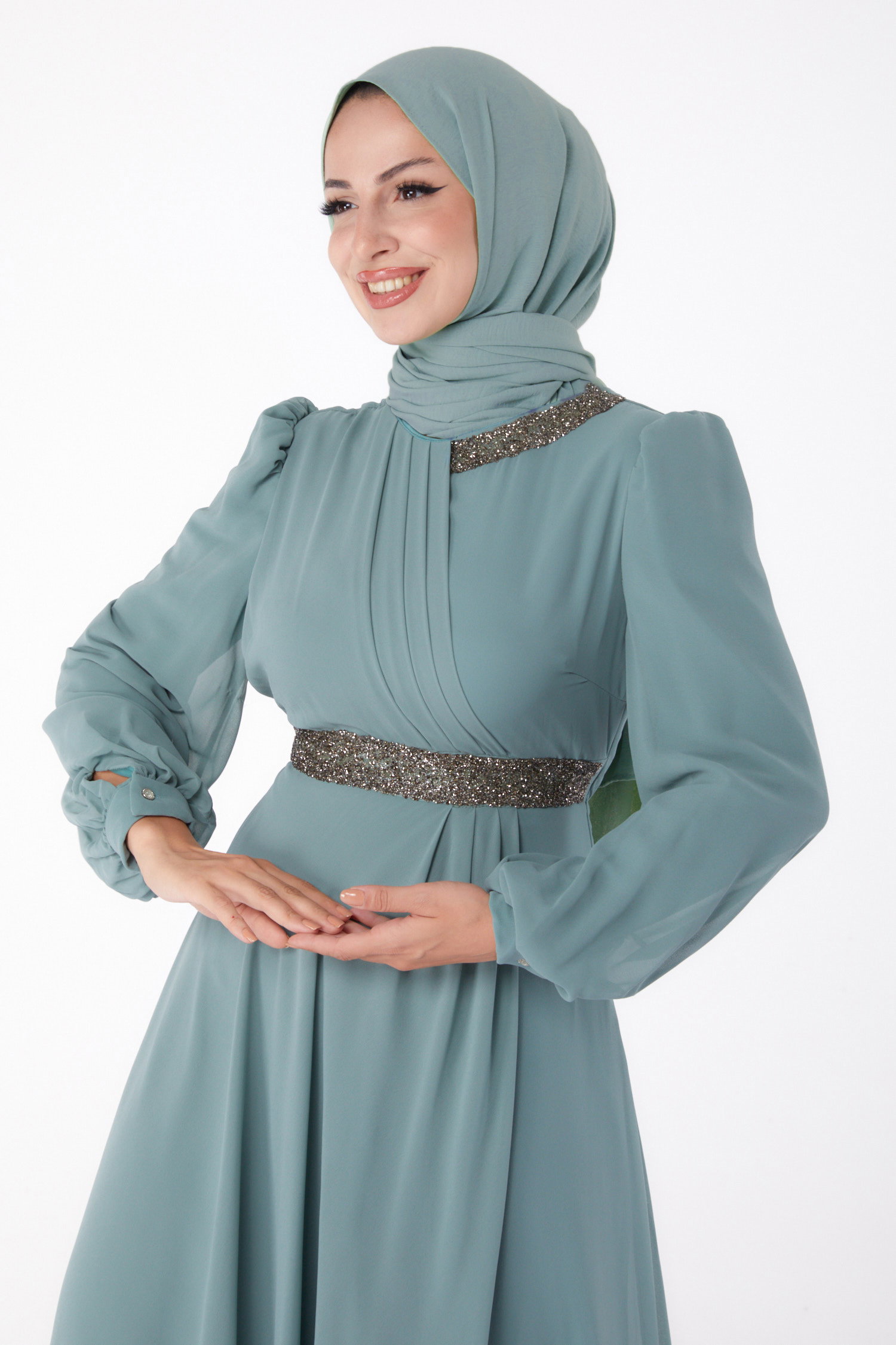 Taşlı Şifon Elbise Mint - 26255 - 3