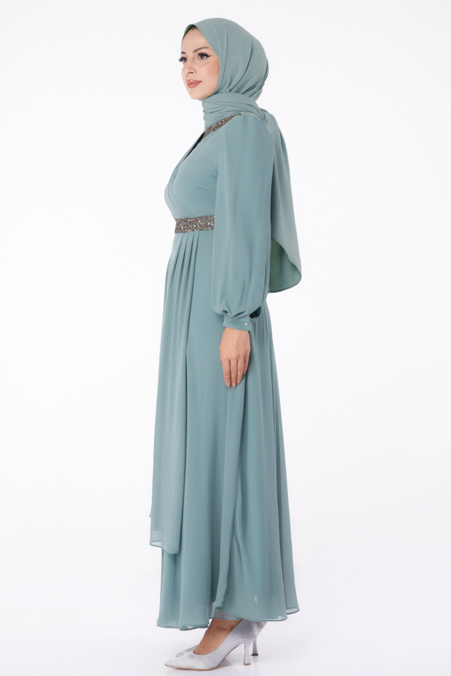 Taşlı Şifon Elbise Mint - 26255 - 4