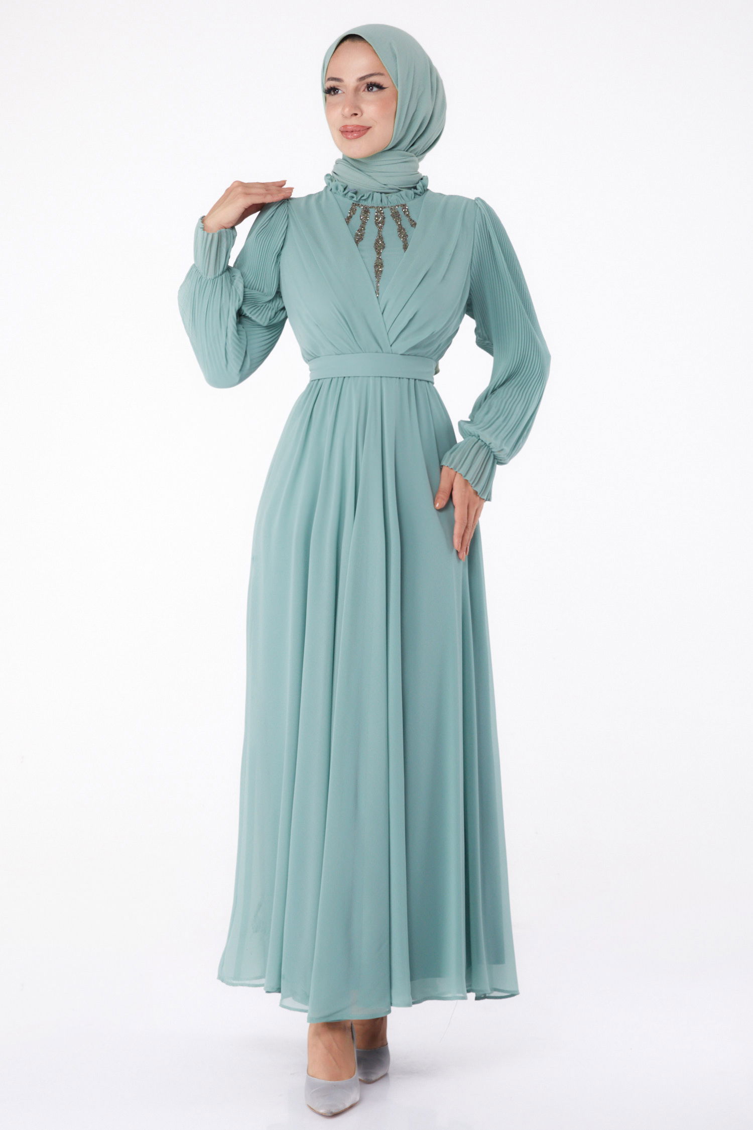 Taşlı Şifon Elbise Mint - 26256 - 2