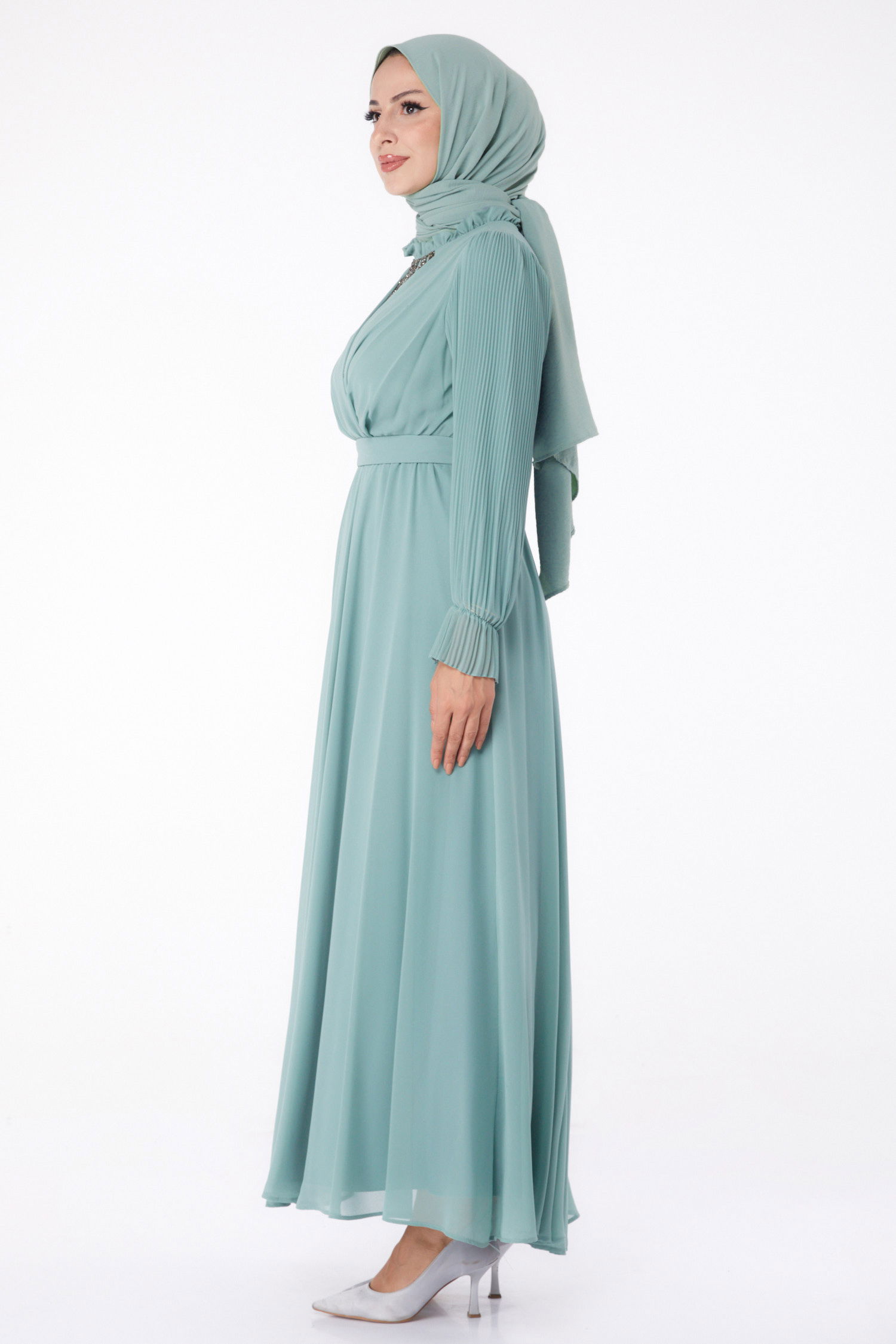Taşlı Şifon Elbise Mint - 26256 - 4