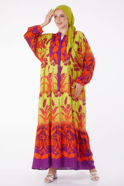 Düz Hakim Yaka Kadın Mor Düğmeli Desenli Elbise - 26044 