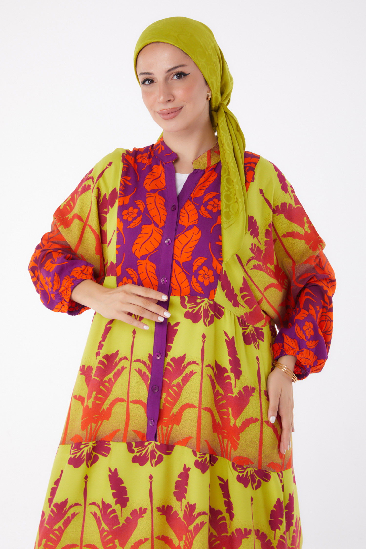 Düz Hakim Yaka Kadın Mor Düğmeli Desenli Elbise - 26044 - 3