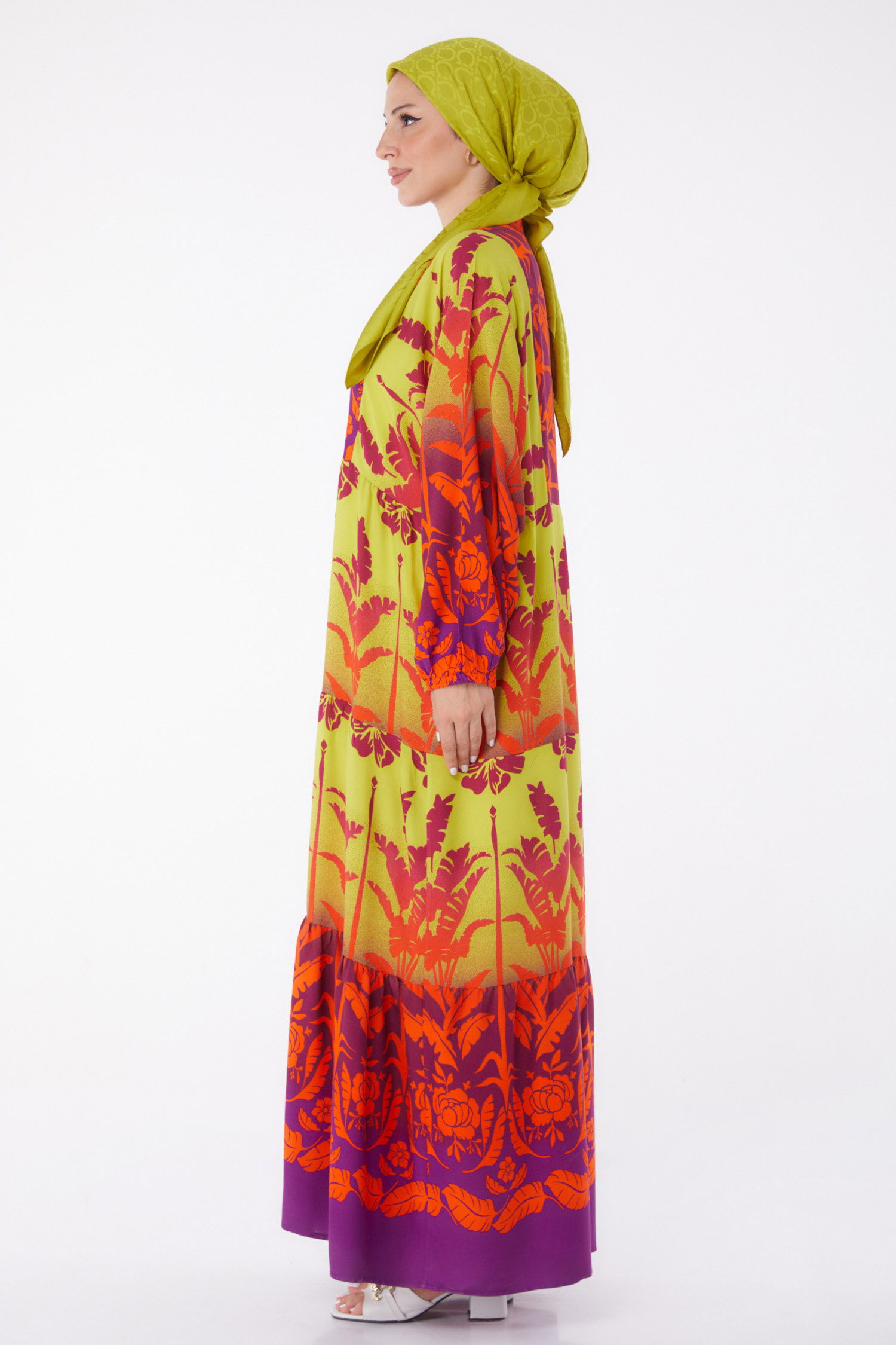 Düz Hakim Yaka Kadın Mor Düğmeli Desenli Elbise - 26044 - 4