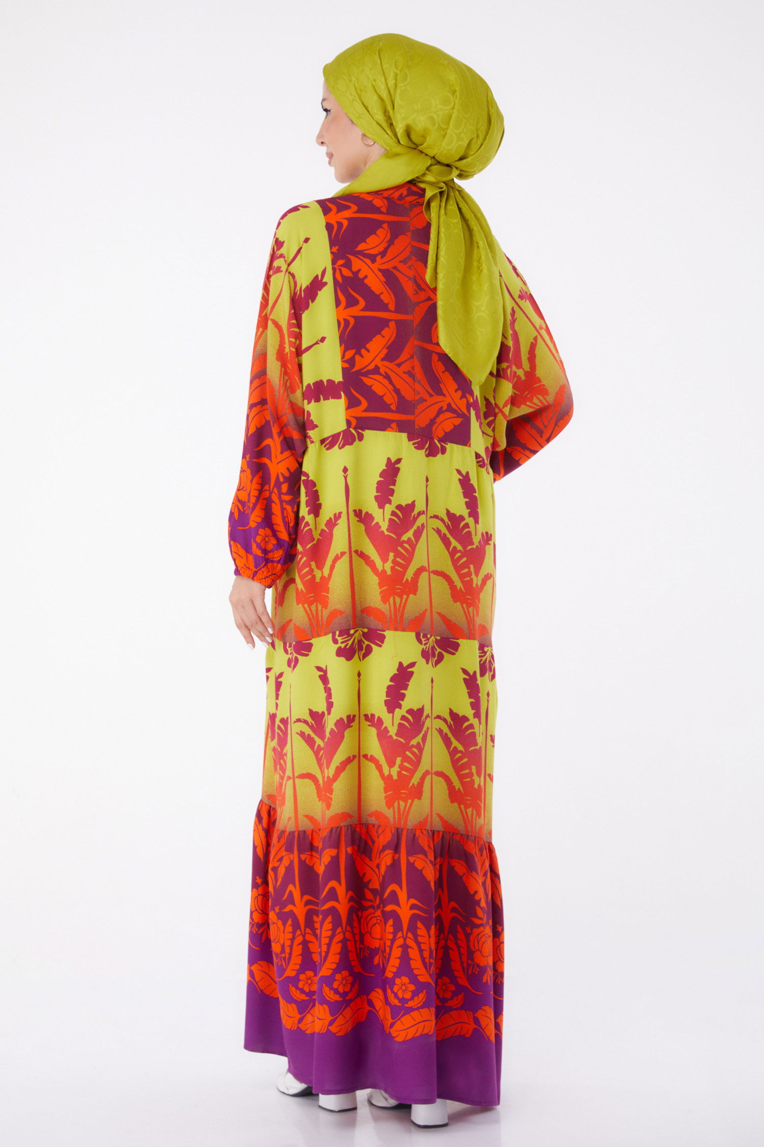 Düz Hakim Yaka Kadın Mor Düğmeli Desenli Elbise - 26044 - 5