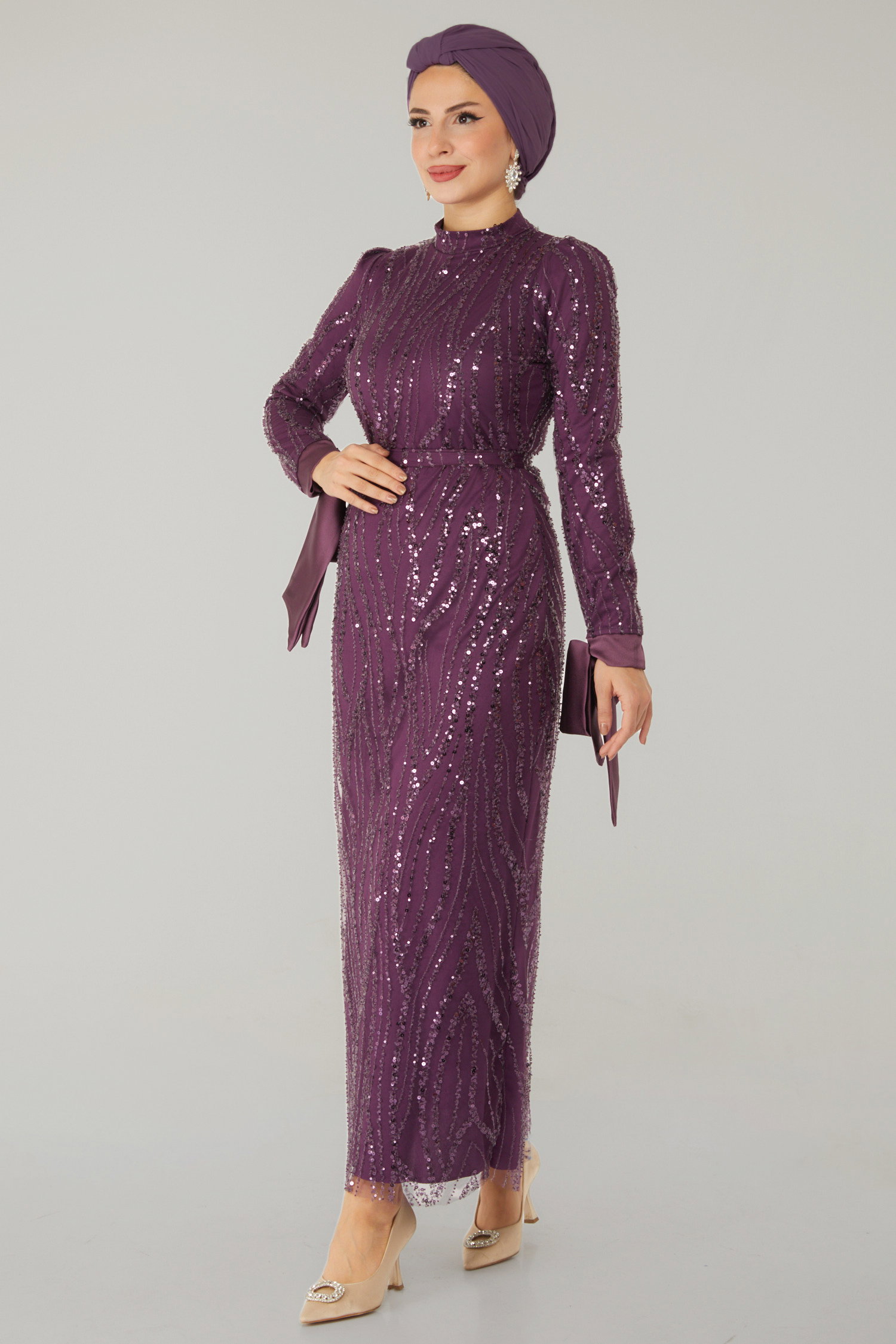 Taşlı Abiye Elbise Mor - 26534 - 3