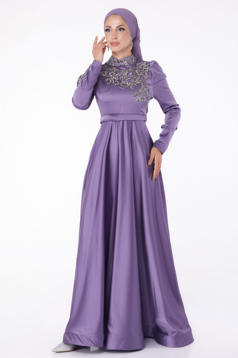 Düz Hakim Yaka Kadın Mor Taşlı Prenses abiye - 26251 - TOFİSA