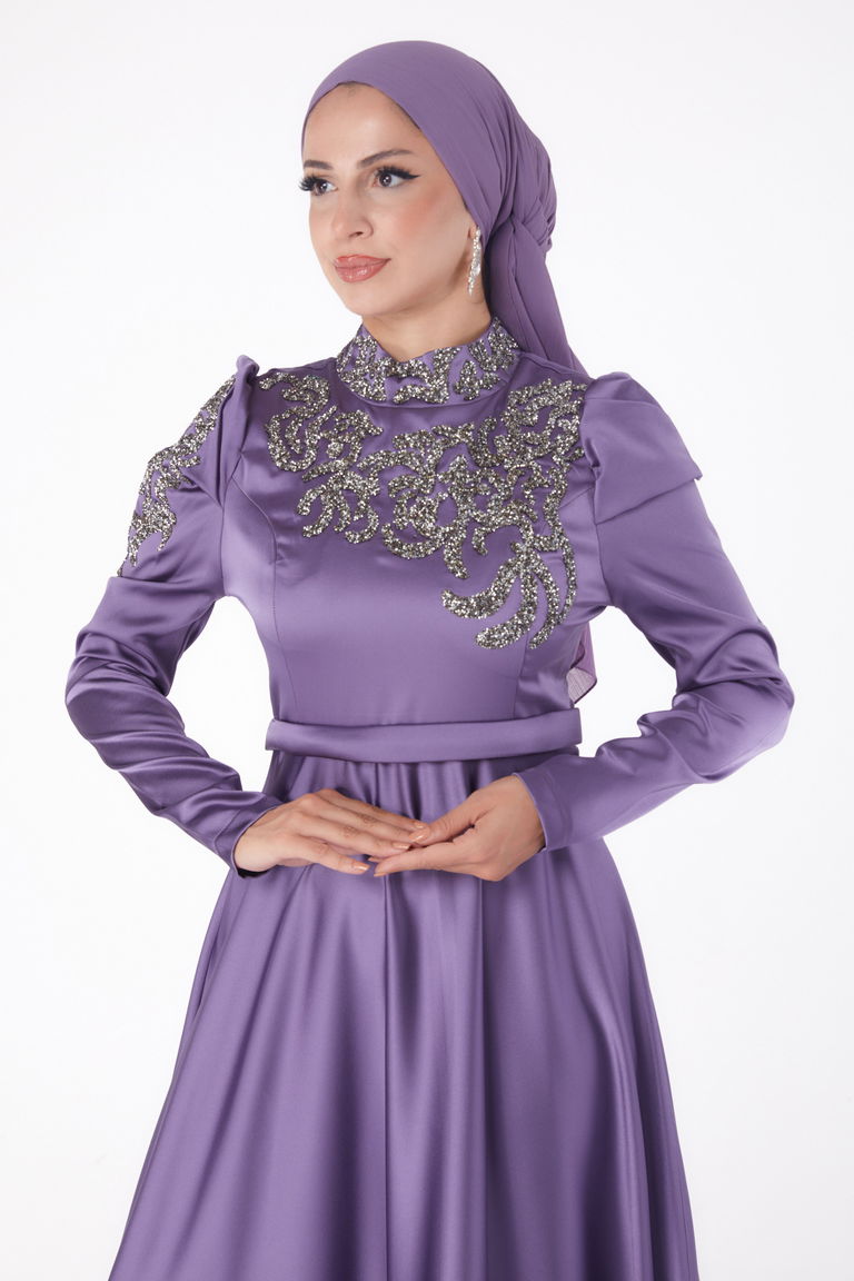 Düz Hakim Yaka Kadın Mor Taşlı Prenses abiye - 26251 - TOFİSA