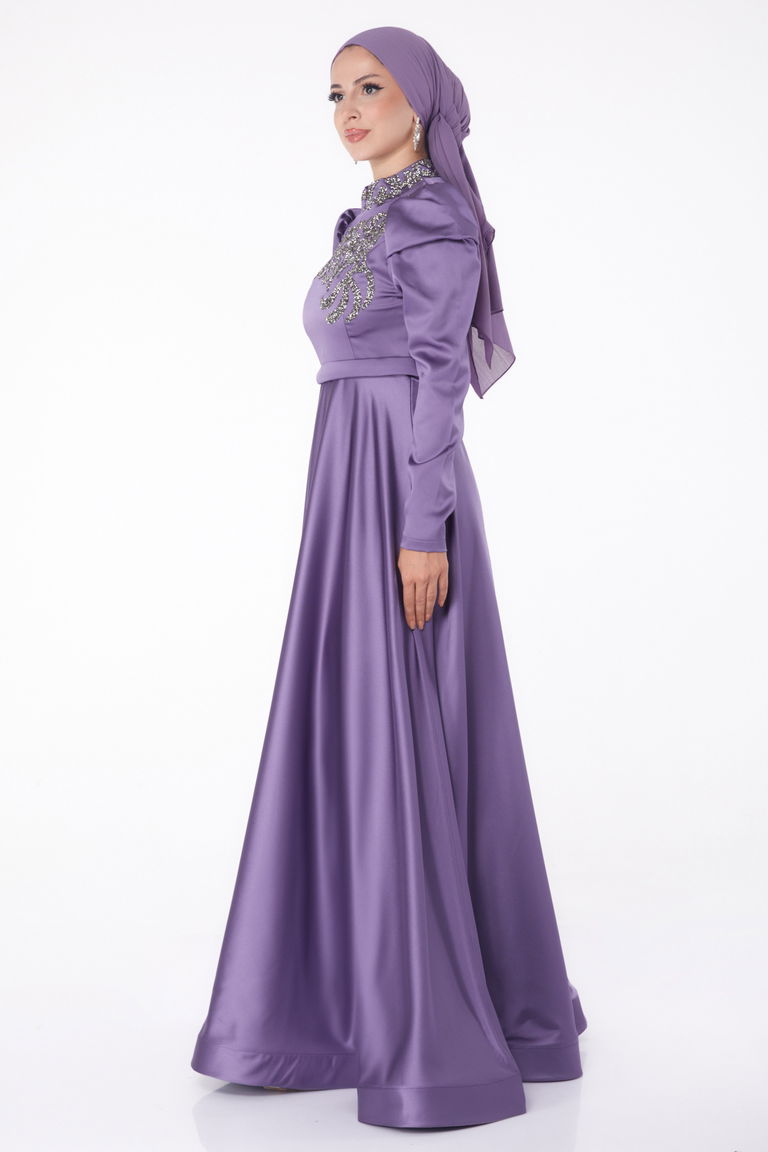 Düz Hakim Yaka Kadın Mor Taşlı Prenses abiye - 26251 - TOFİSA