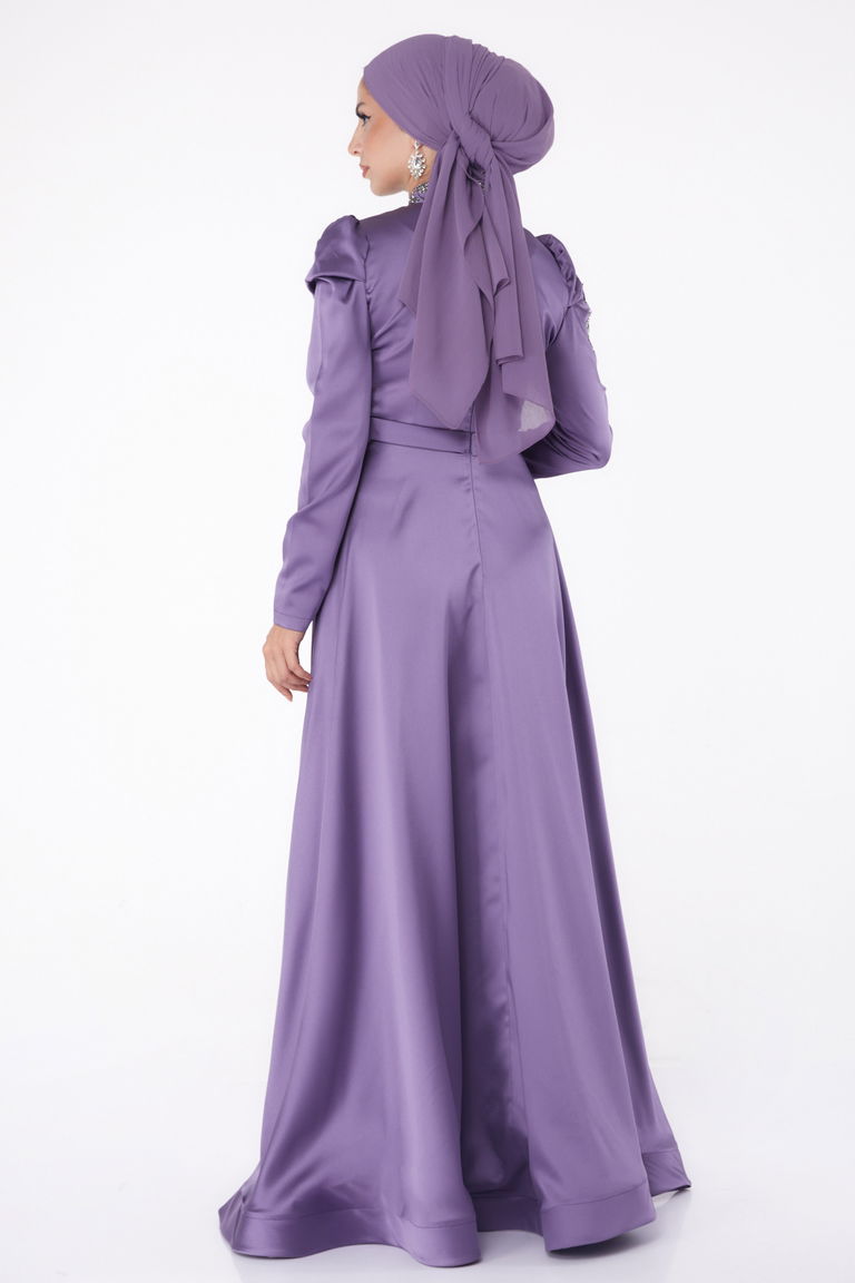 Düz Hakim Yaka Kadın Mor Taşlı Prenses abiye - 26251 - TOFİSA