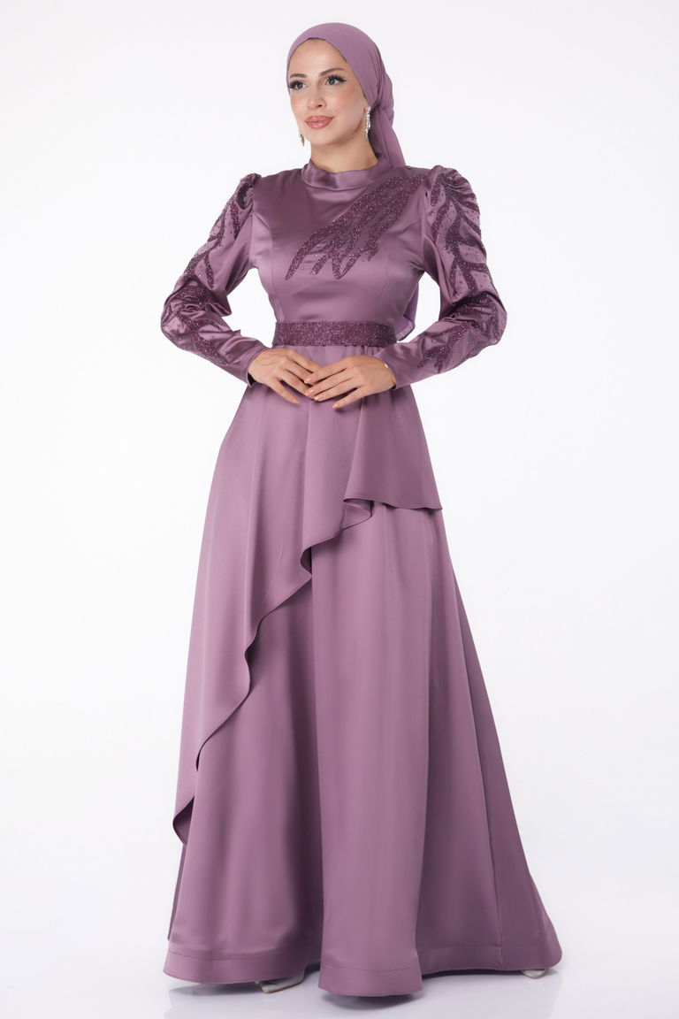 Düz Hakim Yaka Kadın Mor Taşlı Prenses abiye - 26252 - TOFİSA