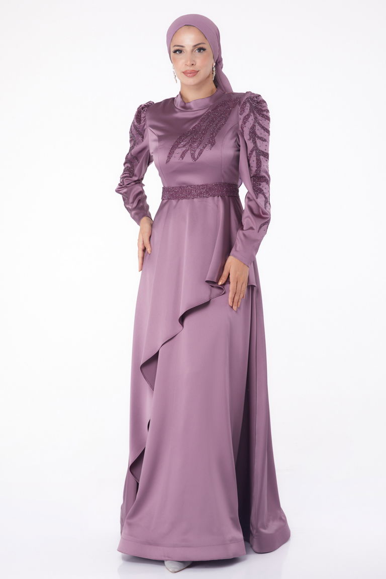 Düz Hakim Yaka Kadın Mor Taşlı Prenses abiye - 26252 - TOFİSA